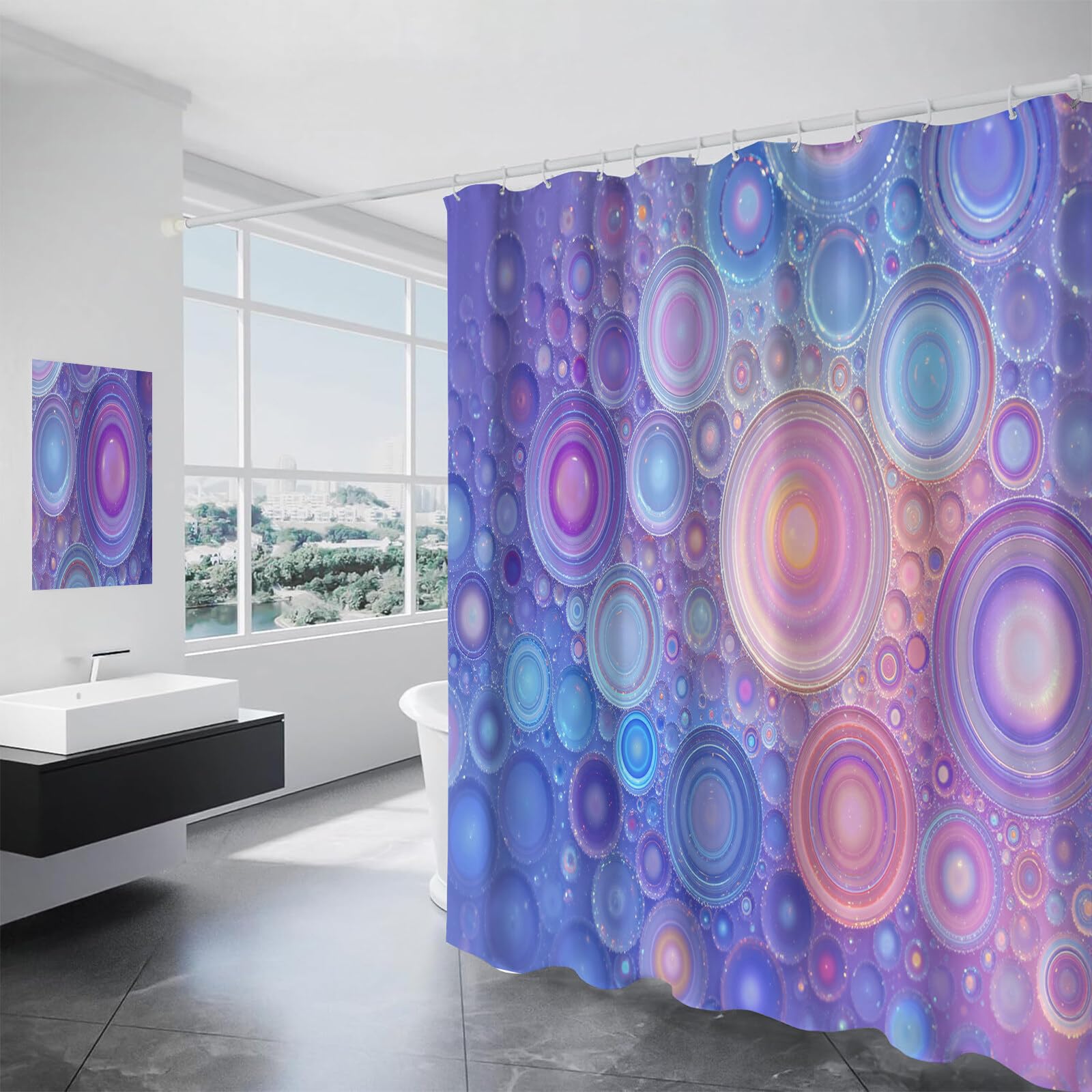 Rideau De Douche Cercle Dégradé Abstrait Moderne Tissu Imperméable Lavable avec Crochets Anti Moisissure en Polyester Rideau Douche pour Salle De Bain