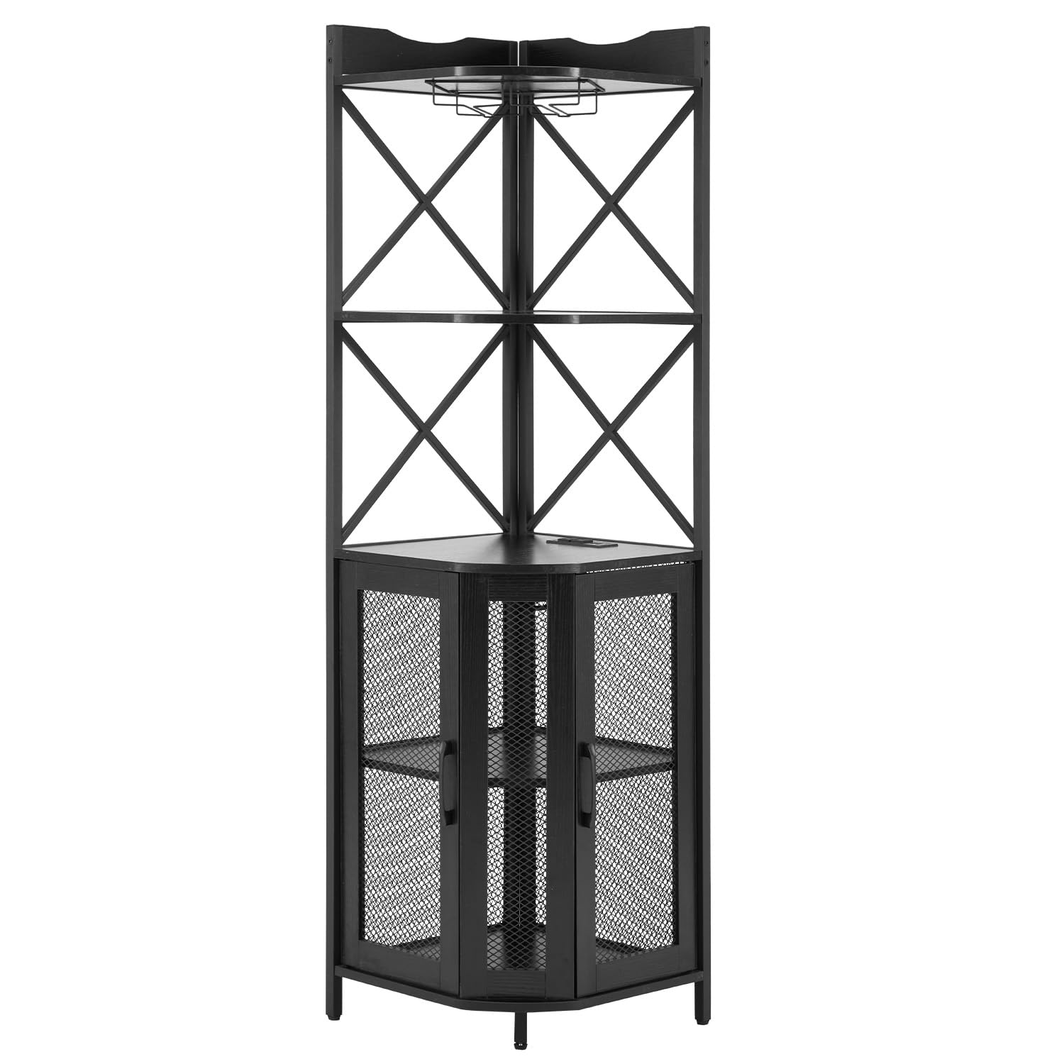 AVAWING Weinschrank, Barschrank Vintage mit Led Licht & Glashälter, Eckschrank aus Metallrahmen, 5 Stufen Küchenschrank mit Kippschutz für Küche Esszimmer Wohnzimmer, Schwarz, 44,5 x 44,5 x 163 cm
