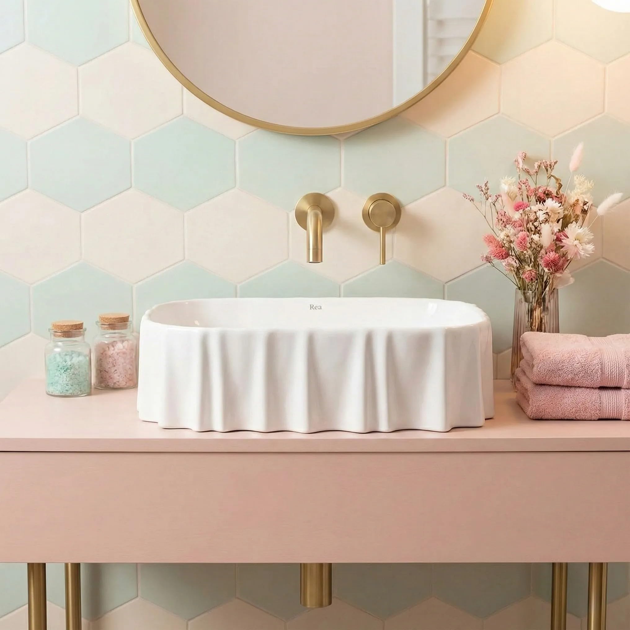 Rea - Lavabo da appoggio Atria Curvato - Ceramiche Sanitarie - Bianco - 50 x 40 x 1,4 cm