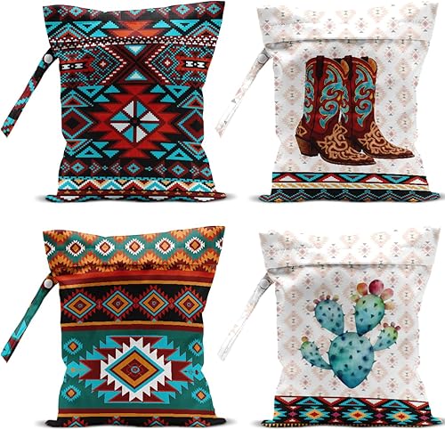 Miniatura 15 de Paquete de 4 bolsas húmedas bohemias para regalo de bruja, impermeable, reutilizable, para traje de baño, pañal, sol, luna, estrella, mariposa,