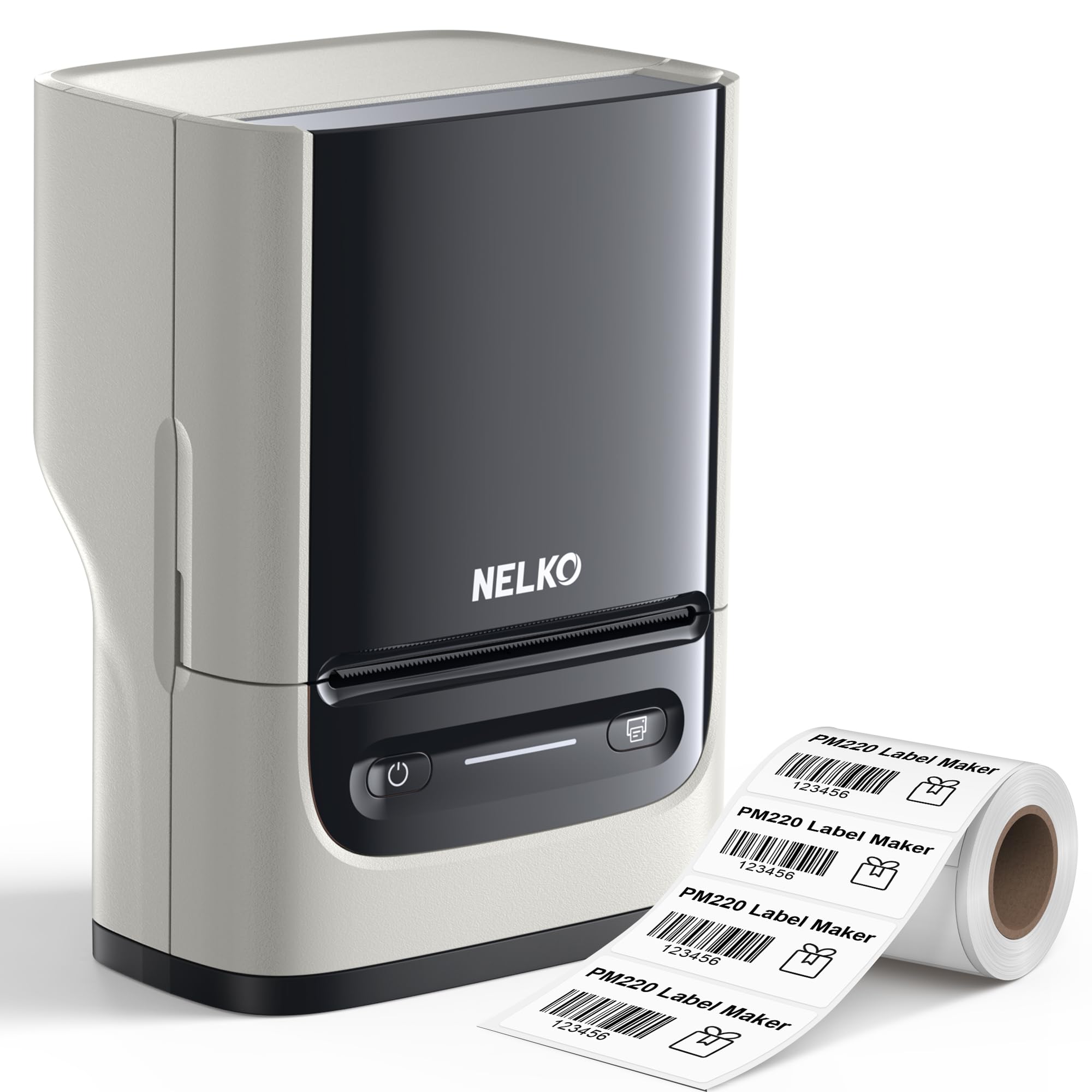 Nelko Etikettendrucker, Bluetooth PM220 beschriftungsgerät selbstklebend, Tragbarer Thermo etikettiergerät Aufkleber Druckgröße 23-54 mm Kompatibel mit iOS und Android für Einzelhandel (hoary)