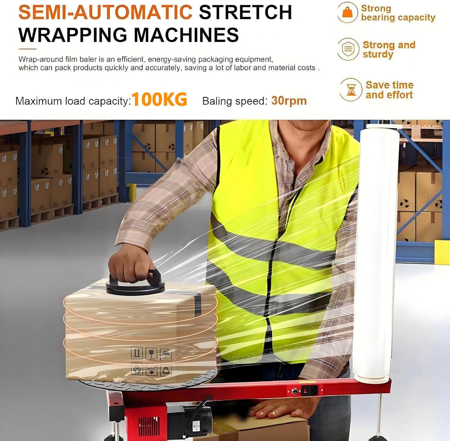 Elektrische Palettenverpackungsmaschine - 30 U/min, 100 kg Kapazität, Fußschalter & Drehteller, halbautomatischer Stretchfolienspender für Lager- und Industrieverpackungen