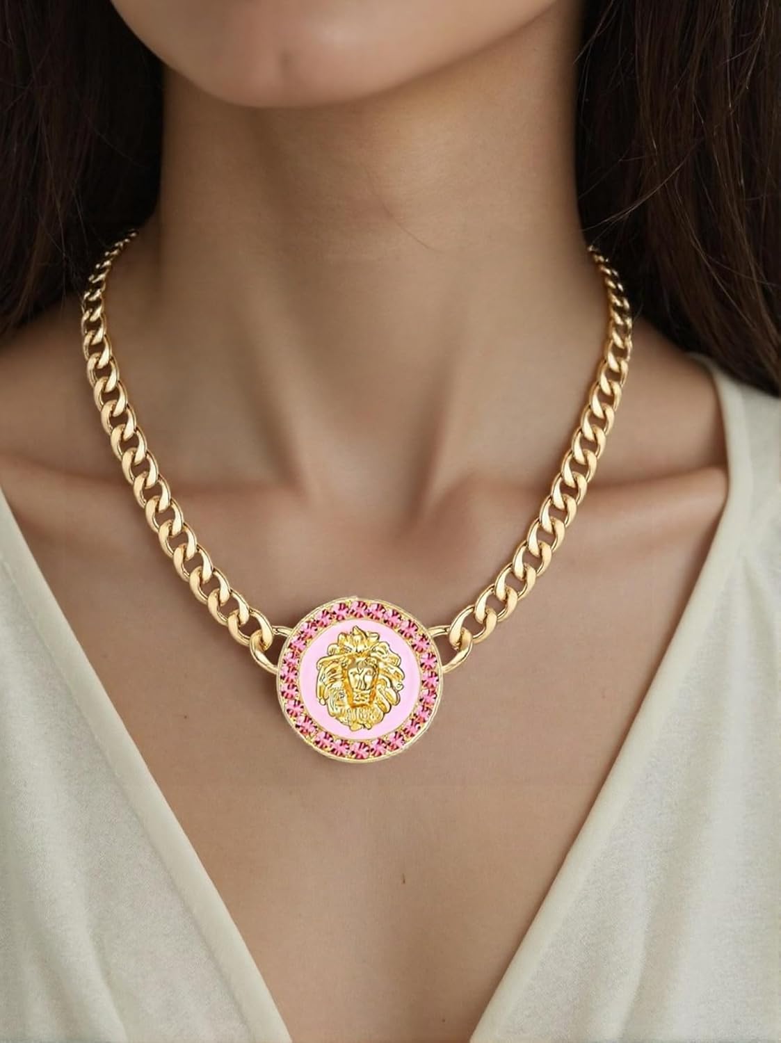 Women's Hip Hop Basketball Wives Lion Head Chunky Chain Choker Necklace Crystal Statement Linked Necklace Party Costume Outfit Cocktail Animal Jewelry - Image 3