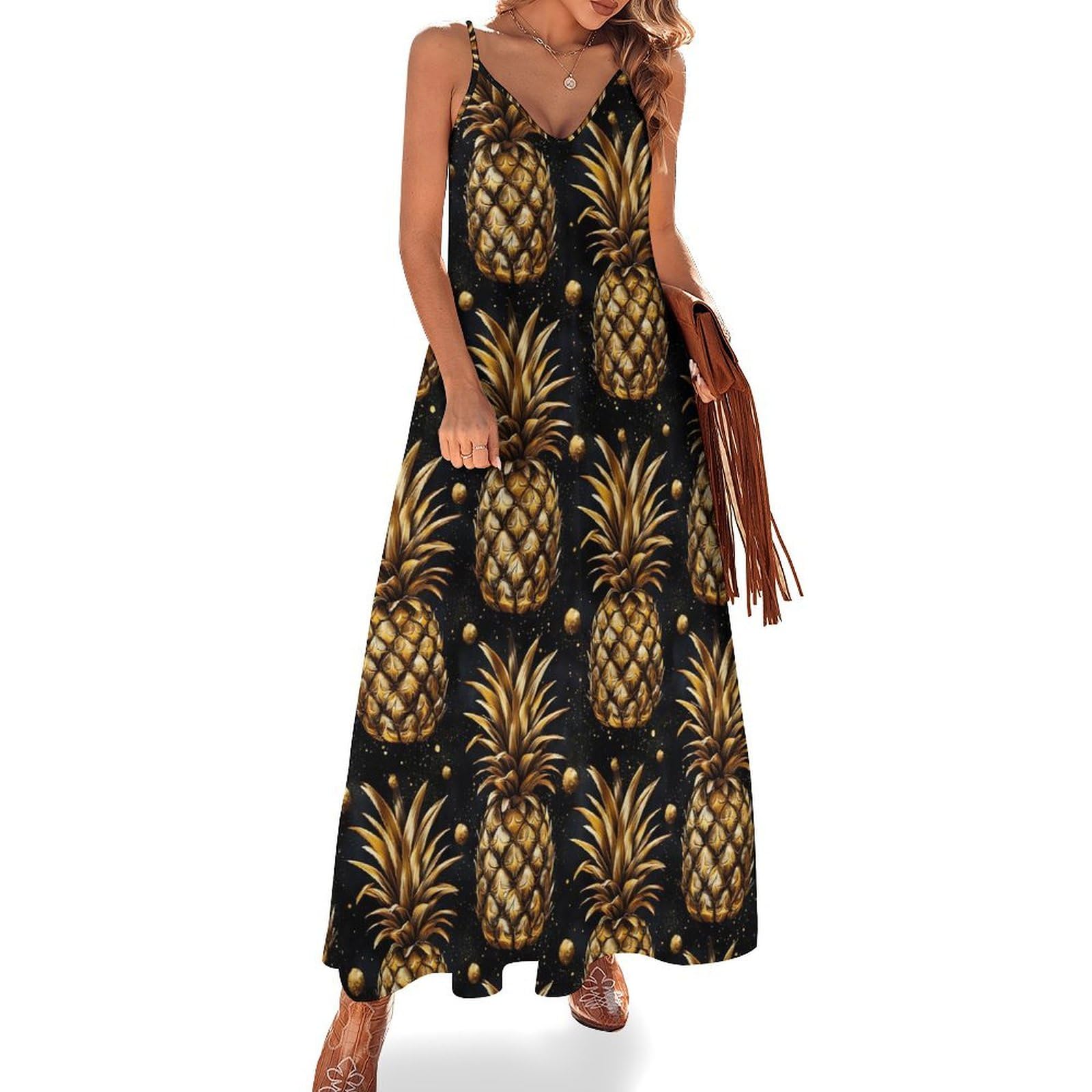 peiyeety Tropical Golden Pineapples Print Summer Maxi Dresses for Women 2025, Casual Spaghetti Strap Long Beach Sundresses