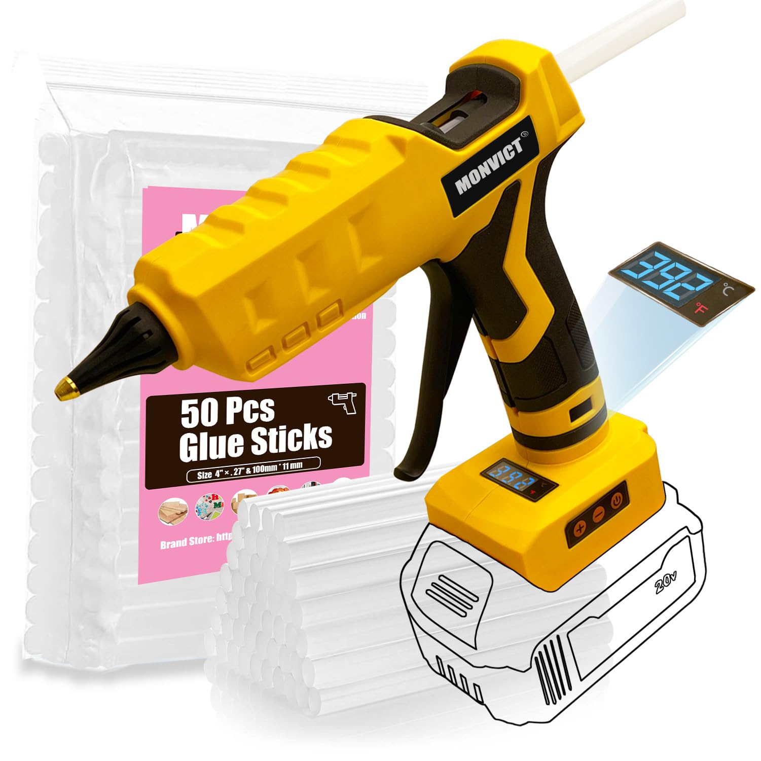 Monvict Pistola de pegamento caliente inalámbrica con pantalla digital de temperatura, construcción resistente, color amarillo