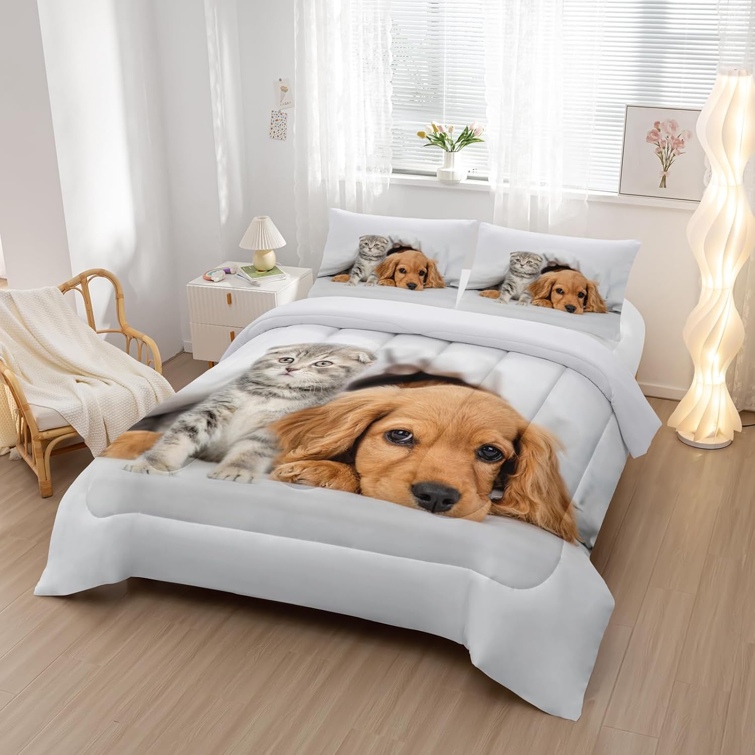 Nttopship Kids Cute 3D Dog Comforter Set 3 Piece Cat and Golden Retriever Bedding Set Queen Size for Kids Cute Pet Bedding Bed in A Bag Bed,Pet Room Decor Comforter with 2 Pillowcases