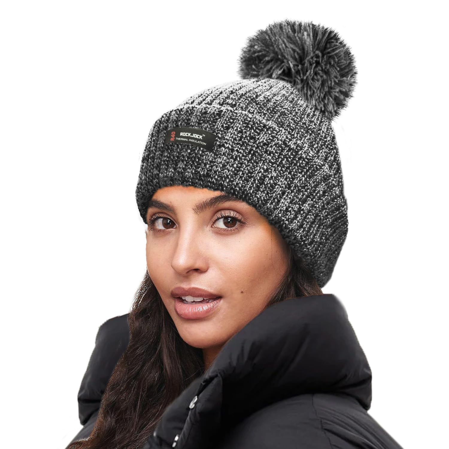 Rockjock Women's Grey Marl R40 Thermal Insulation Marl Melange Bobble Hat With Fleece Lining-Grey