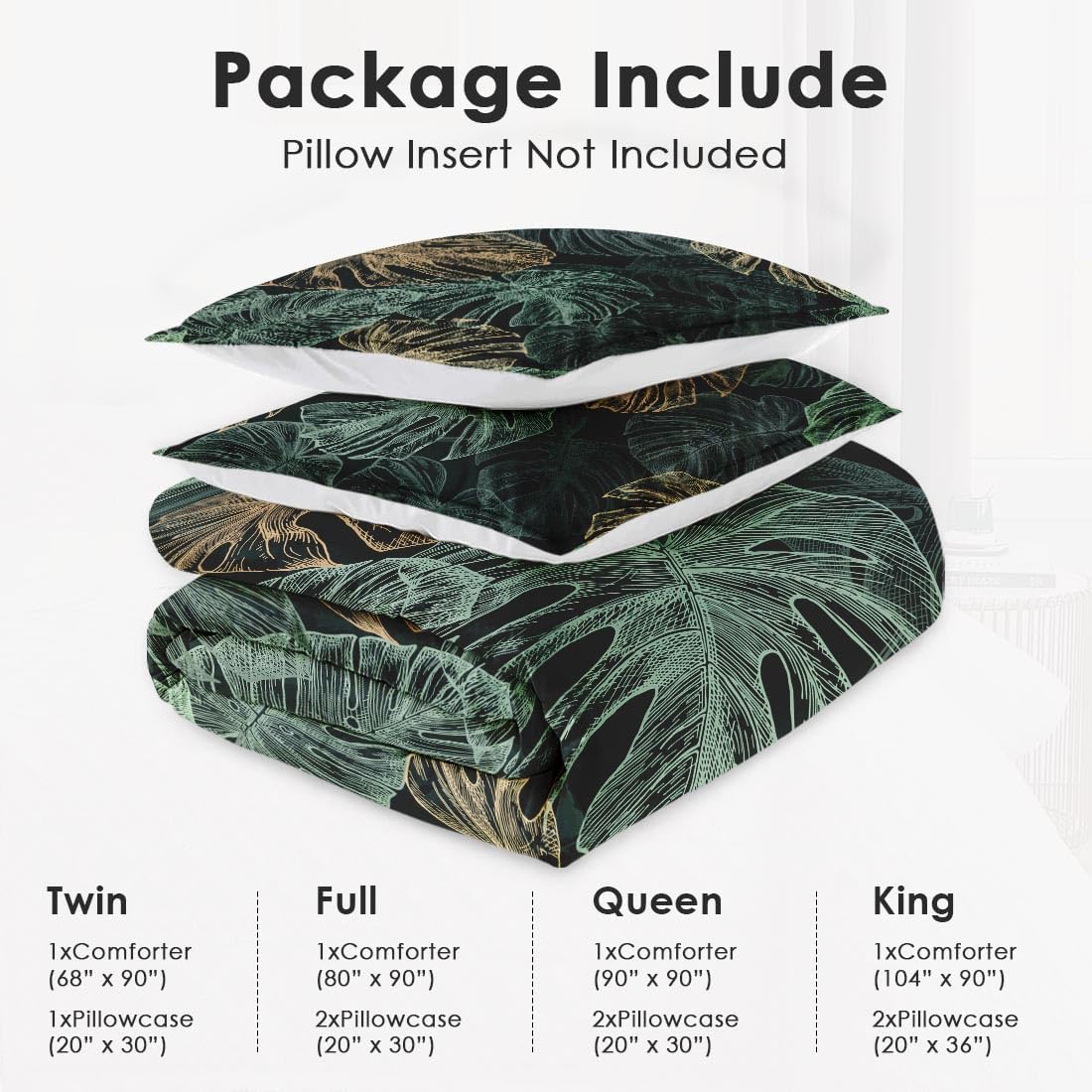 Full Size Comforter Set with 2 Pillowcases, Green Tropical Leaves 3 Pcs Bedding for Kids and Adults, Monstera Palm Leaf Soft Comforter Set for Bedroom Bed Decor - Image 6