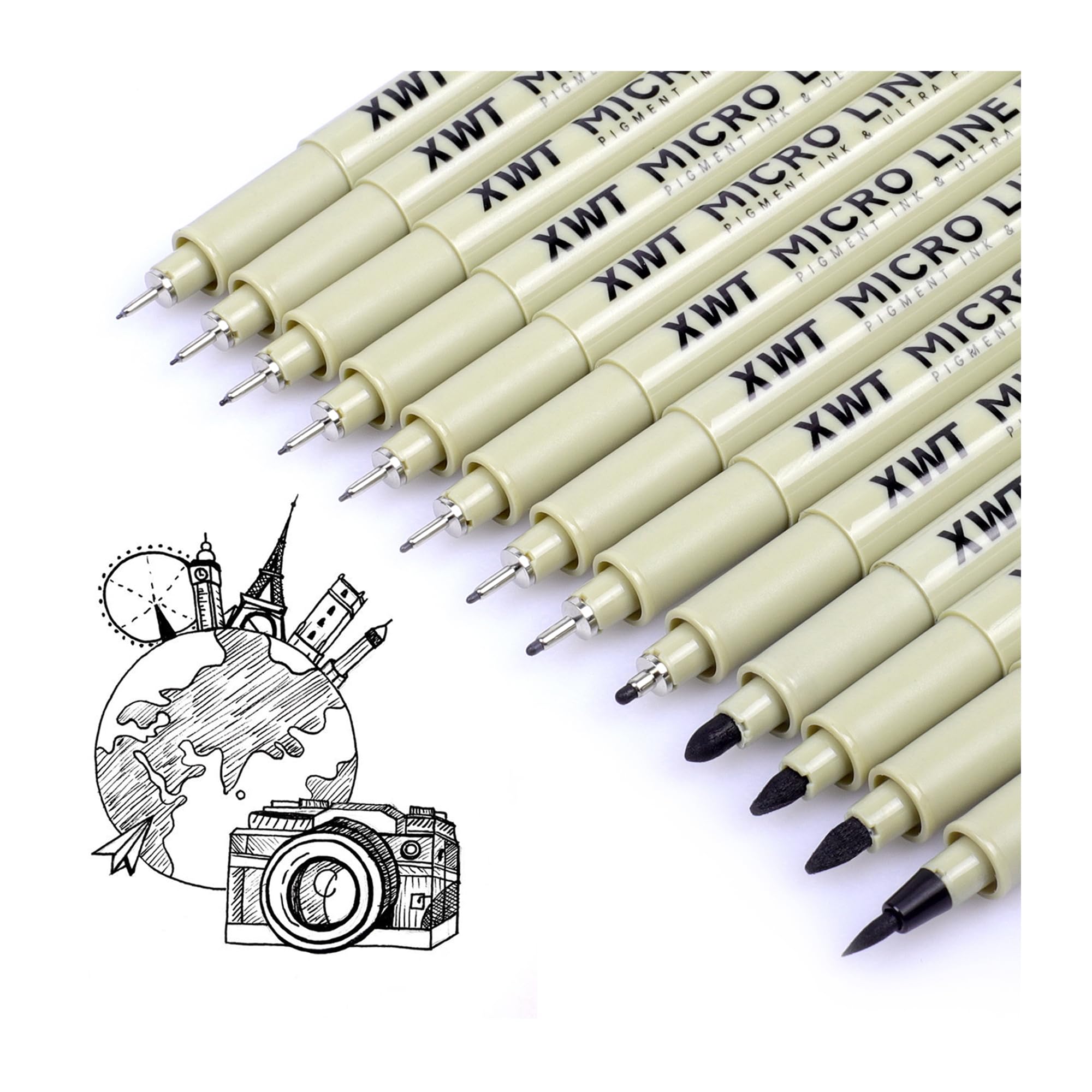 12+1 Fineliner Drawing Art Pens, Black Waterproof Pigment Ink Set for Artists, Sketching, Manga, Watercolor, Calligraphy, and Detail Outlining Archival Quality Inking Markers