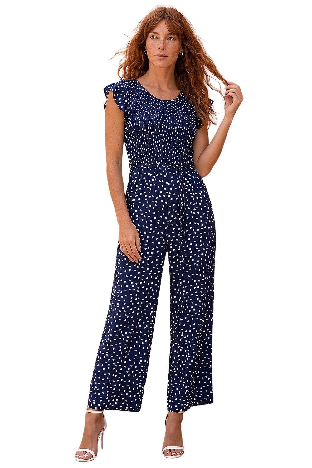 Roman Women's Navy Polka Dot Shirred Pocket Jumpsuit In | Size: 10
