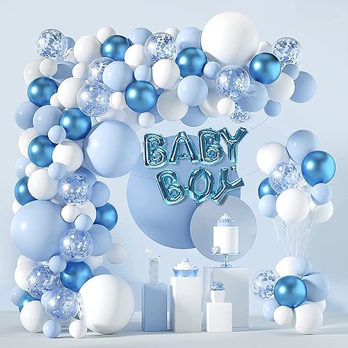 Miniatura 3 de Kit de guirnalda de globos azules y blancos, paquete de 107 globos de diferentes tamaños, globos de látex de confeti azul claro y blanco plateado