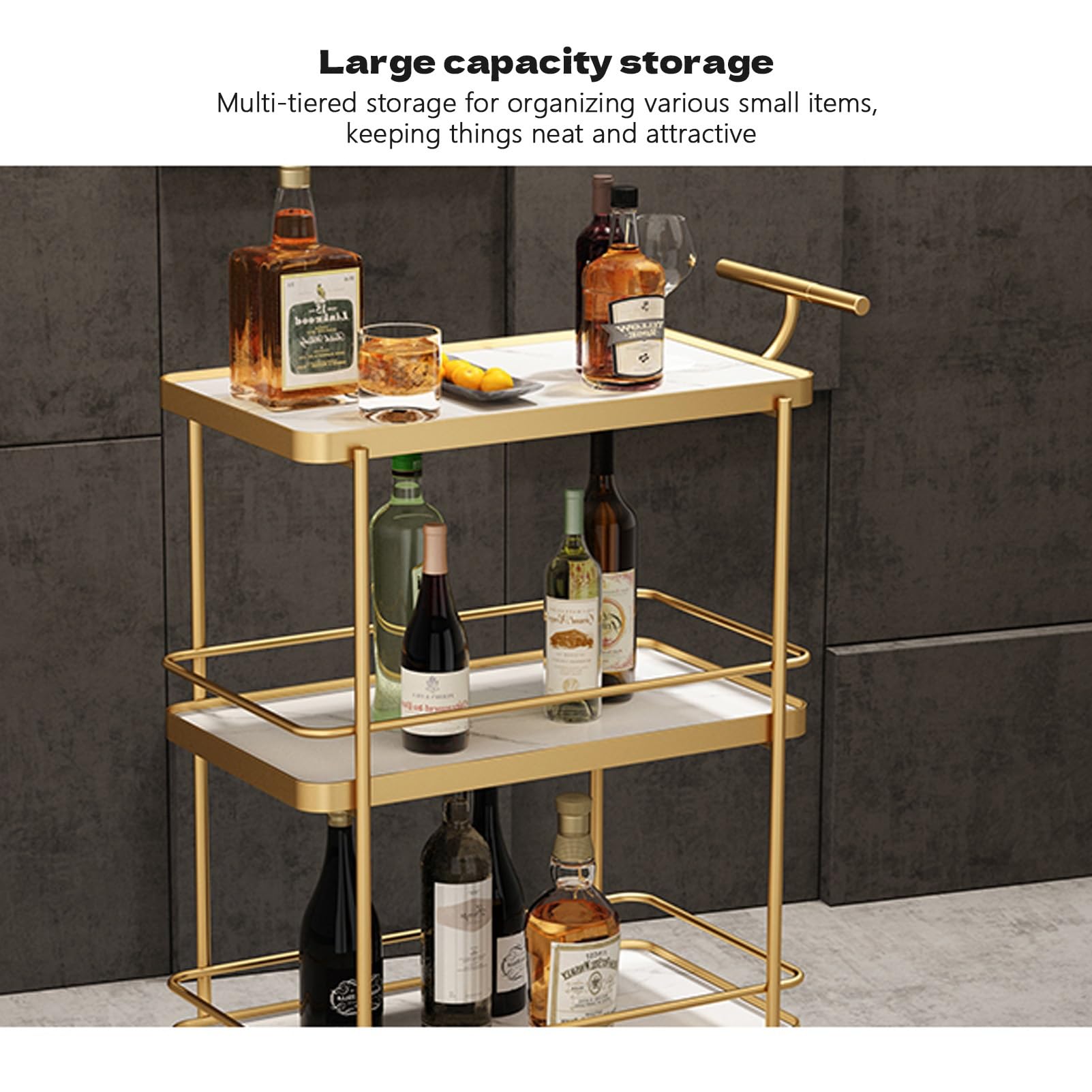Carrito de servicio de bar para el hogar, carrito de cocina rodante de 3 niveles con ruedas y asa, elegante carrito de bebidas para uso en comedor y sala de estar, ideal para entretener a los