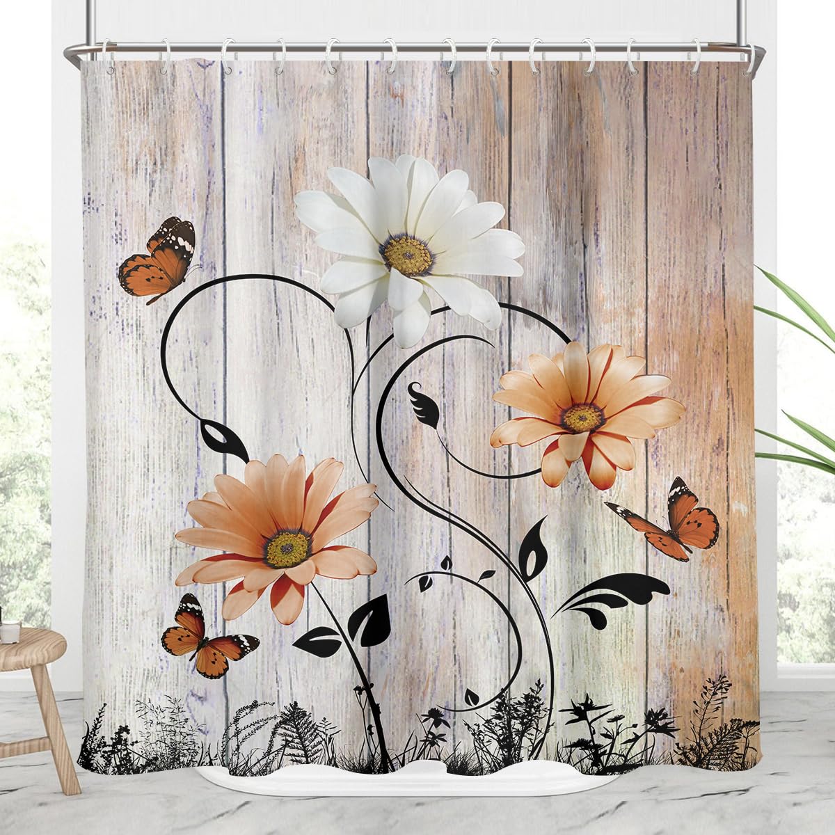 AAtter Burnt Orange Floral Shower Curtain Standard Rustic Flower White Daisy Country Vintage Butterfly Terracotta Home Bathroom Decor Bathtub Set with