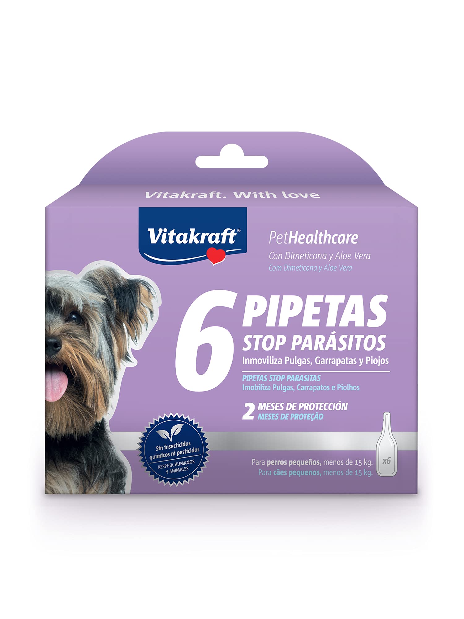 Vitakraft - Pipeta Stop Parásitos para Perros Pequeños de Menos de 15kg, con Dimeticona y Aloe Vera - 1,5ml x 6 Pipetas