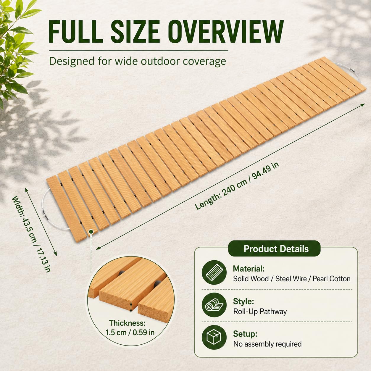 Passerella da giardino in legno pieghevole, vialetto di terrazza, vialetto decorativo da giardino, per terrazzo, cortile, 240 x 43,5 cm