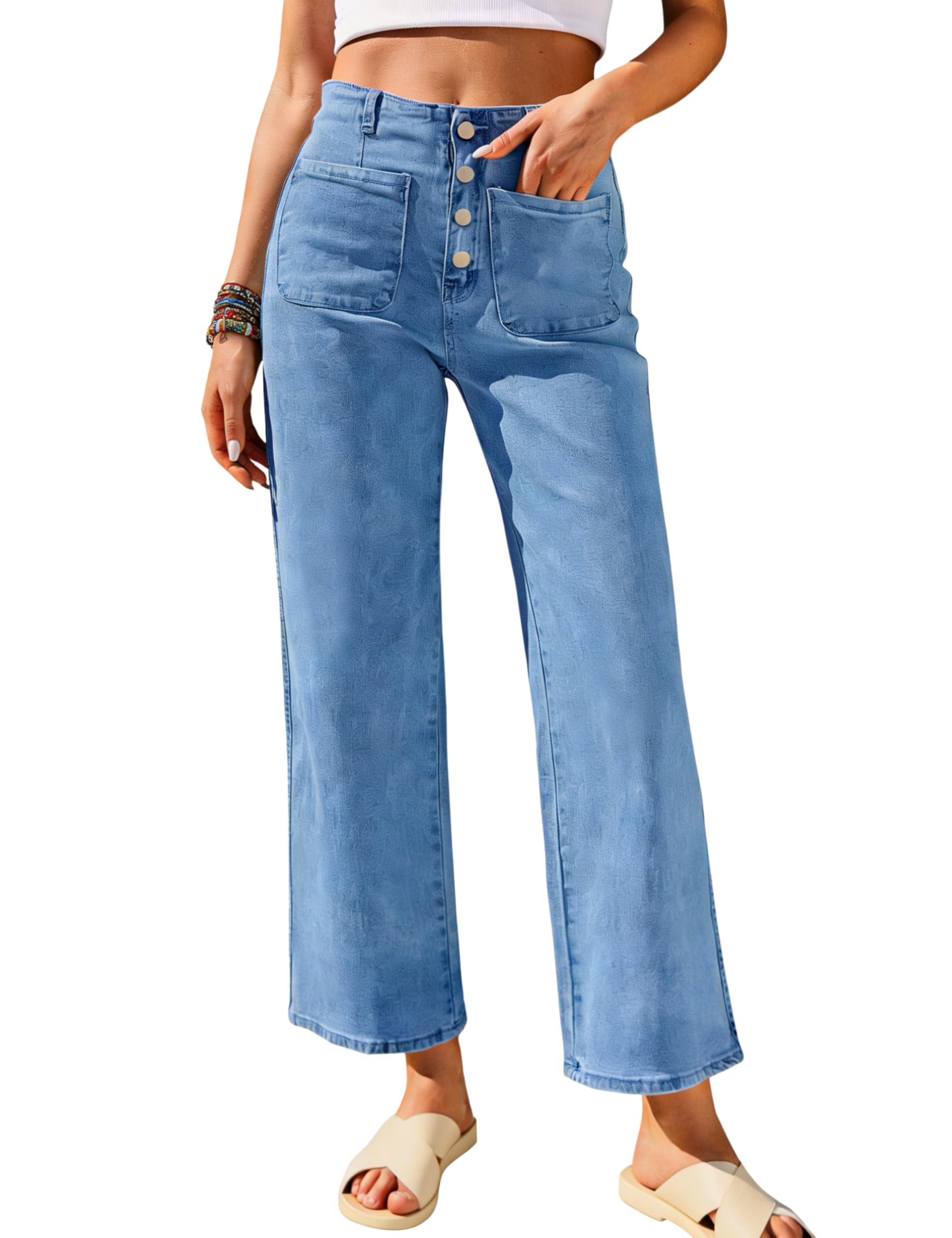 Omoone Wide Leg Jeans for Women High Waisted Stretchy Straight Leg Cropped Denim Pants Buttoned Baggy with Patch