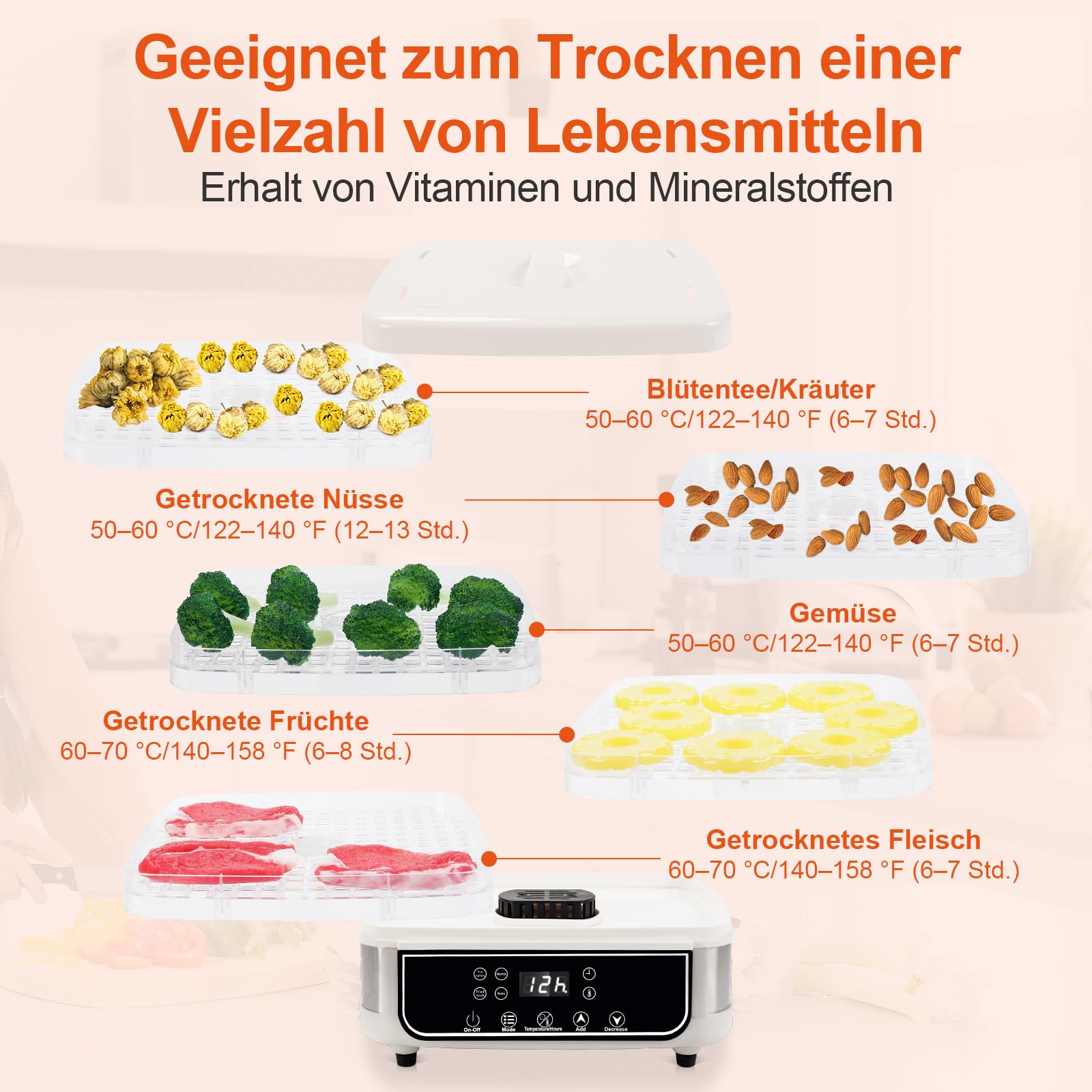 Déshydrateur automatique intelligent à 5 couches avec minuterie de 72 heures, température réglable de 35 à 70 °C et affichage LED pour sécher les fruits, les légumes, la viande