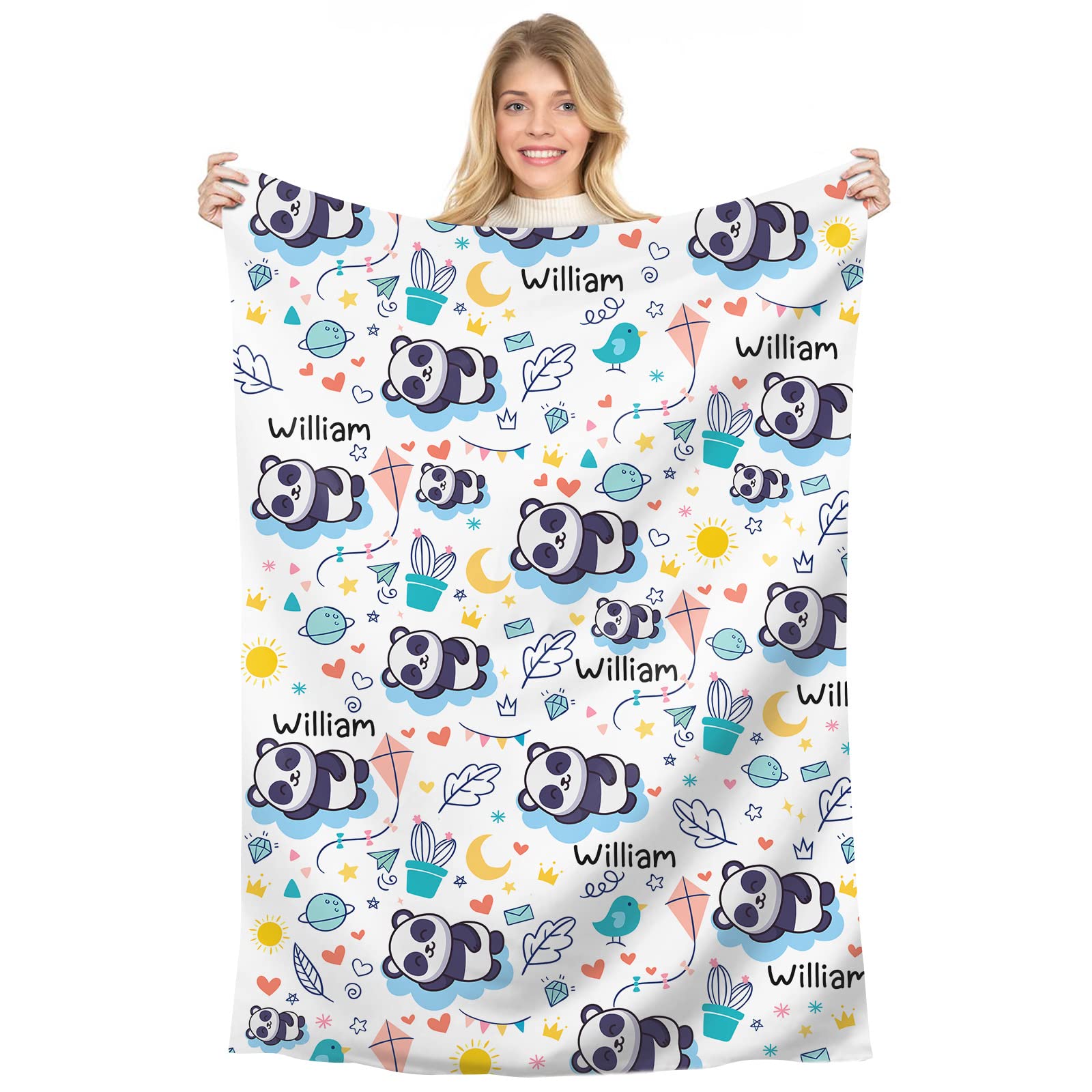 Naispanda Personalised Panda Fleece Throw Blanket for Children Kids Boys Girls Custom Blankets with Name Baby Blanket Gift for New Mother Customise Name Cute Cartoon Customised Throws
