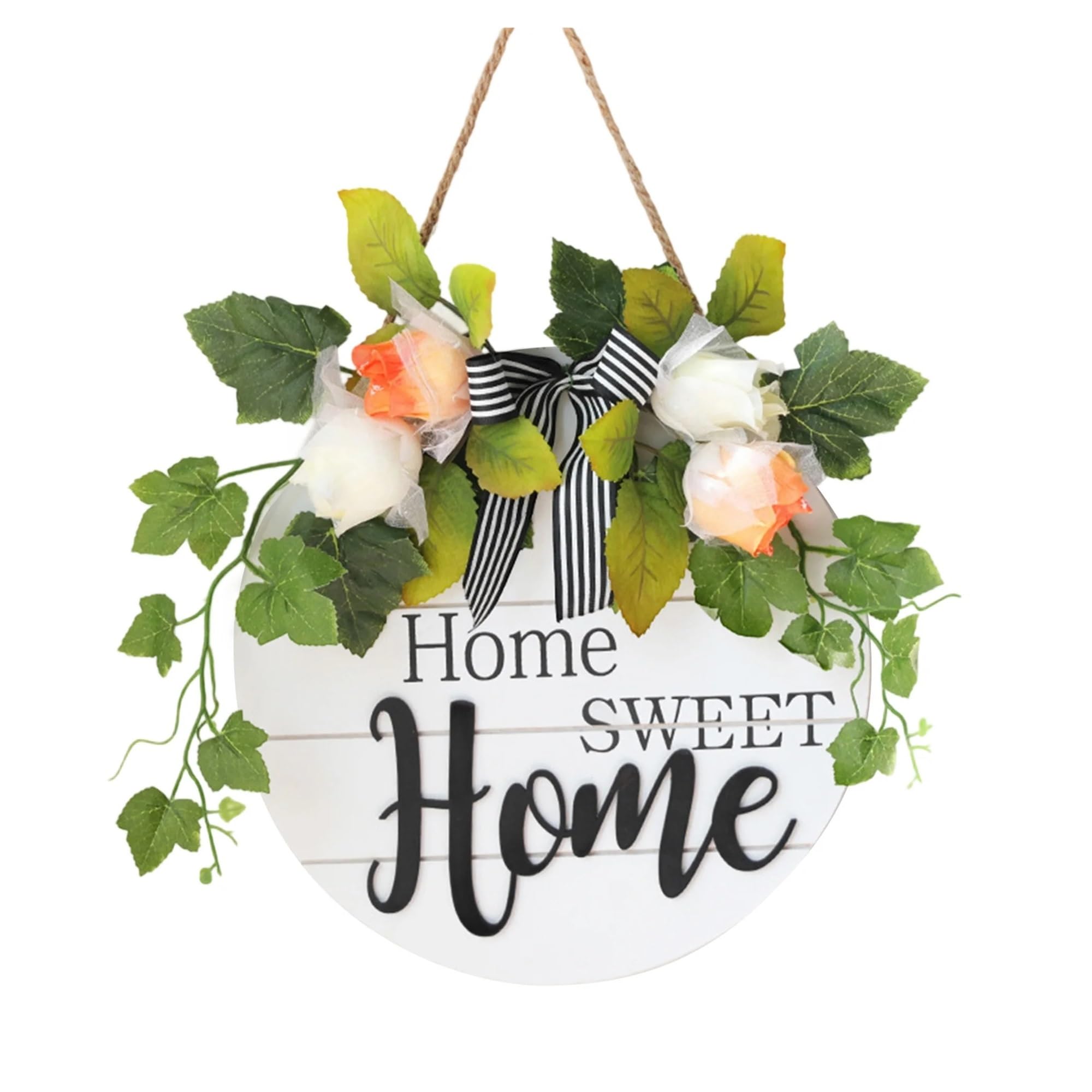 Front Door Wreath Welcome Sign Rustic Wooden Welcome Sign with Artificial Flower Wreath Round Plaque for Front Door Porch Home Wall Decor