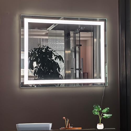 LED Bathroom Mirror with Lights for Wall Mirror Lighted 32x24In Vanity Makeup Mirror Lighting Frontlit Super Bright Simple Single Color,Anti-Fog,Water Proof,Vertical/Horizontal Install