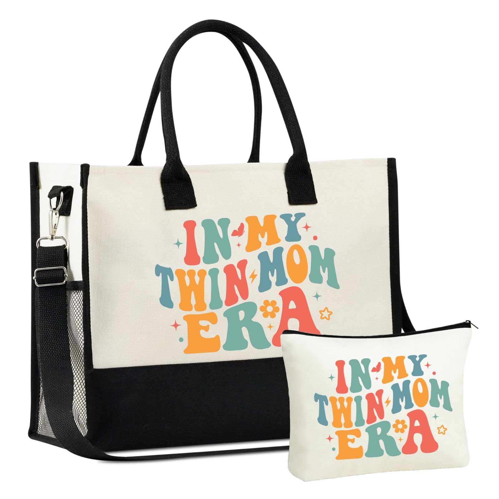 InnoBeta Twin Mom Gifts, Canvas Tote Bag, Tote with Top Zipper Closure and Shoulder Strap, In My Twin Mom Era