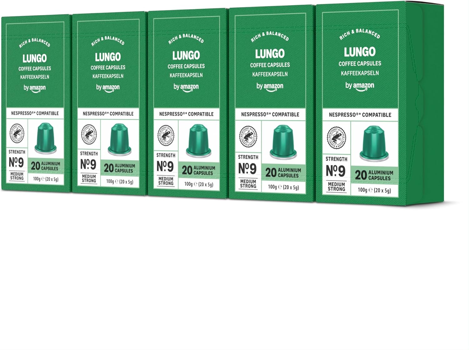 by Amazon Capsule Caffè Lungo compatibili con Nespresso, tostatura media, 100 unità, 5 confezioni da 20 - Certificato Rainforest Alliance