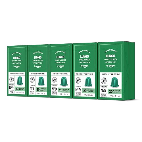 by Amazon - Cápsulas de café Lungo, tueste medio, compatibles con Nespresso, 100 unidades, 5 paquetes de 20, certificado Rainforest Alliance