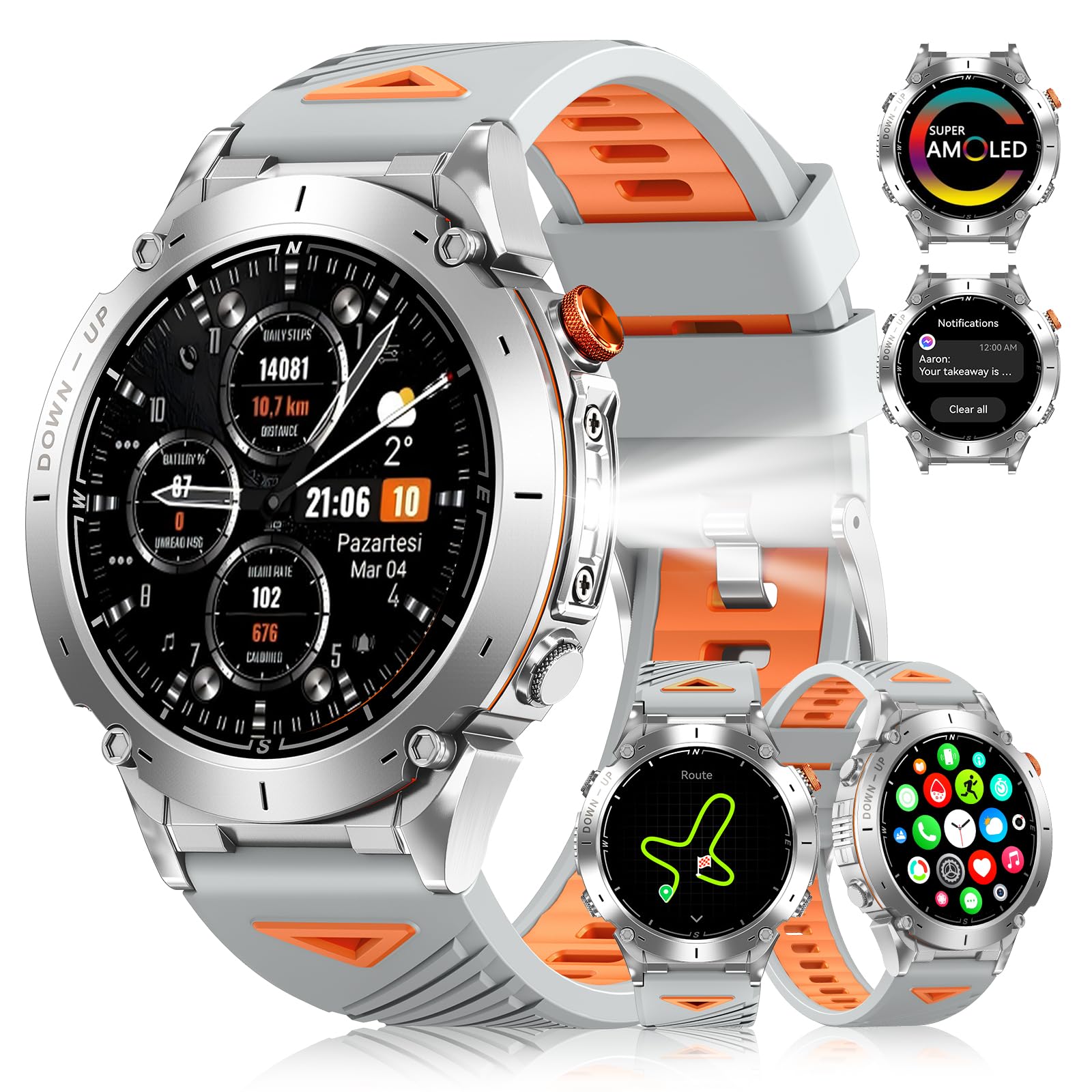 PODOEIL GPS Military Smart Watch for Men with Bluetooth Call, 1.43" AMOLED Waterproof Fitness Tracker with Heart Rate/Sleep Monitor/Flashlight, 170+ Sports Modes, 730mAh Battery for Android/iOS