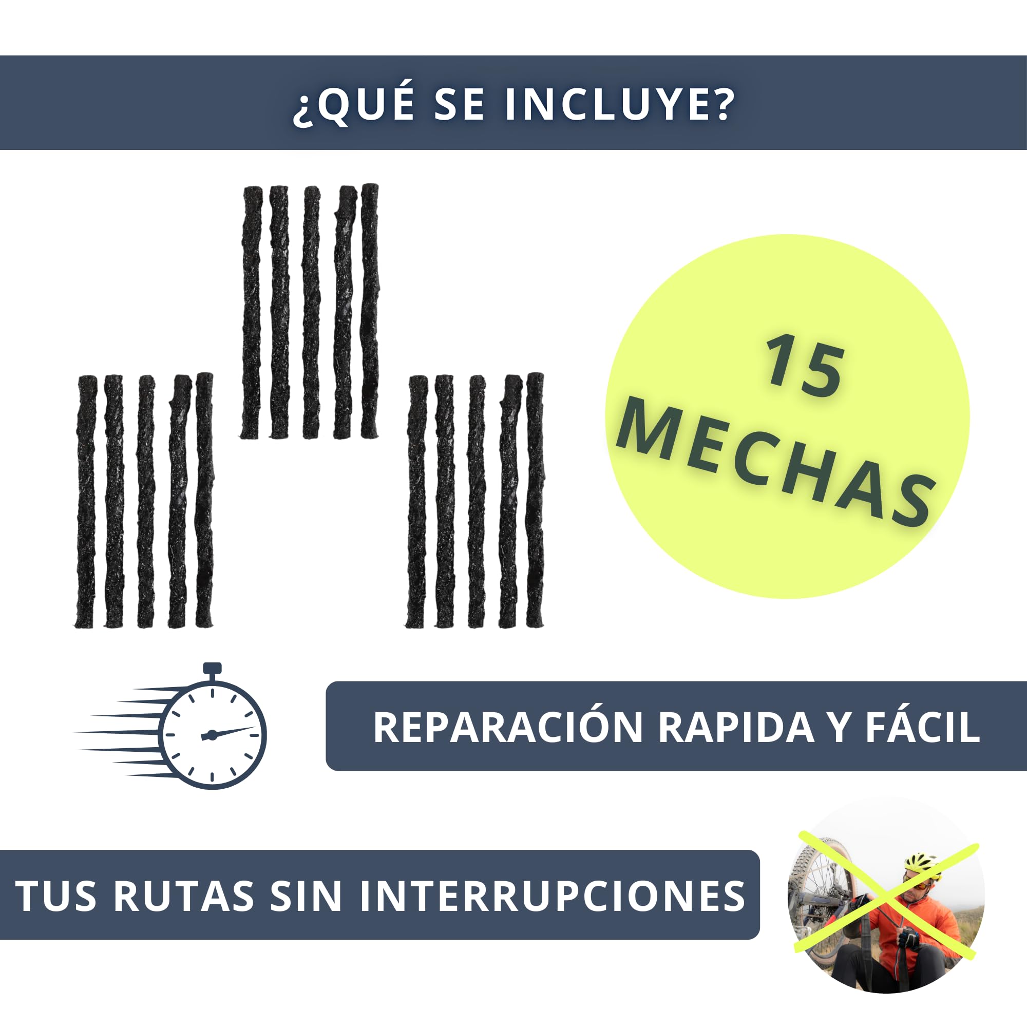 15 Mechas de Recambio 3,5 x 50 MM para Kit Herramienta Reparación Pinchazos MTB | Recambio Mechas MTB | Mechas Reparación Tubeless MTB y Road | Recambios Antipinchazos Bicicleta