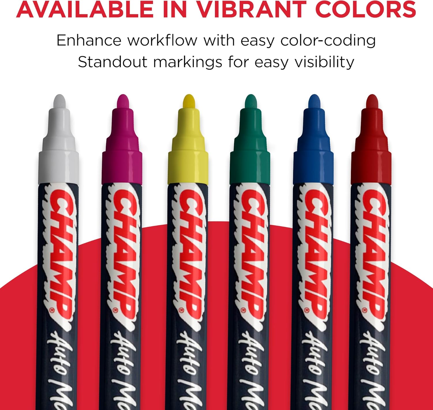 CHAMP Auto Markers Pack of 6 – 4mm Tip, Works on Multiple Surfaces, Smudge-Proof, Weather-Resistant, Washable Markers for Auto Shops, Mechanics and Detailing - Yellow