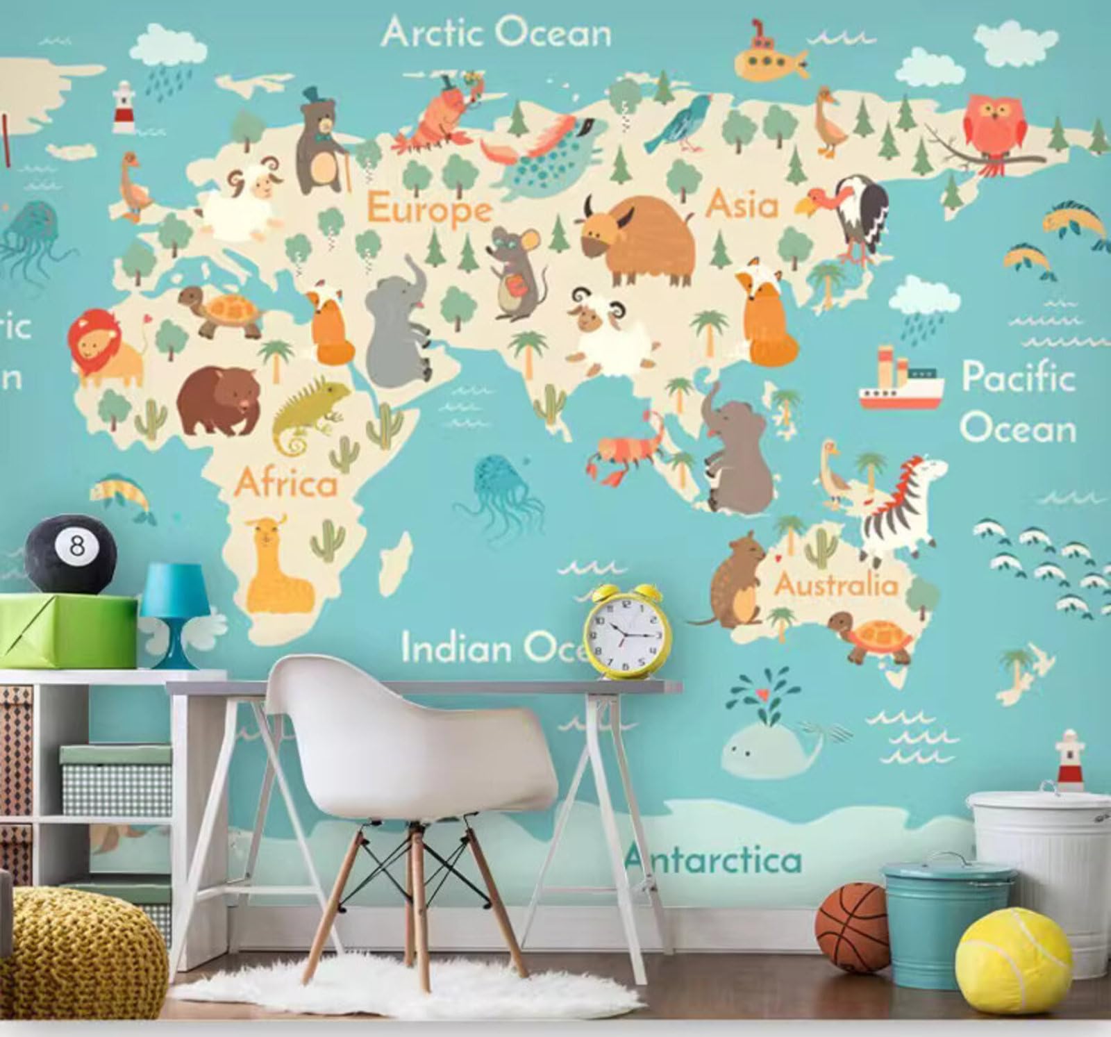 Cartoon Animals Abstract Creative World Map 3D Wallpaper Easy Install Feature Office Living Room Sofa Bedroom TV Background Wall Decoration-430cm×300cm