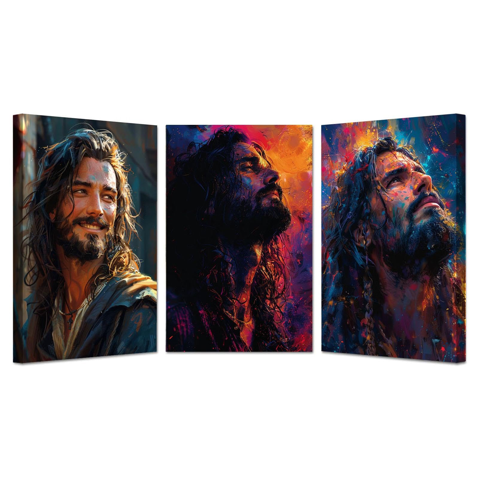 IEPOZWA Christian Wall Art, Vintage Jesus Smiling Canvas Religious Jesus Painting Pictures Canvas Prints Modern Artwork for Living Room Bedroom Decor - 20x30cmx3 Framed