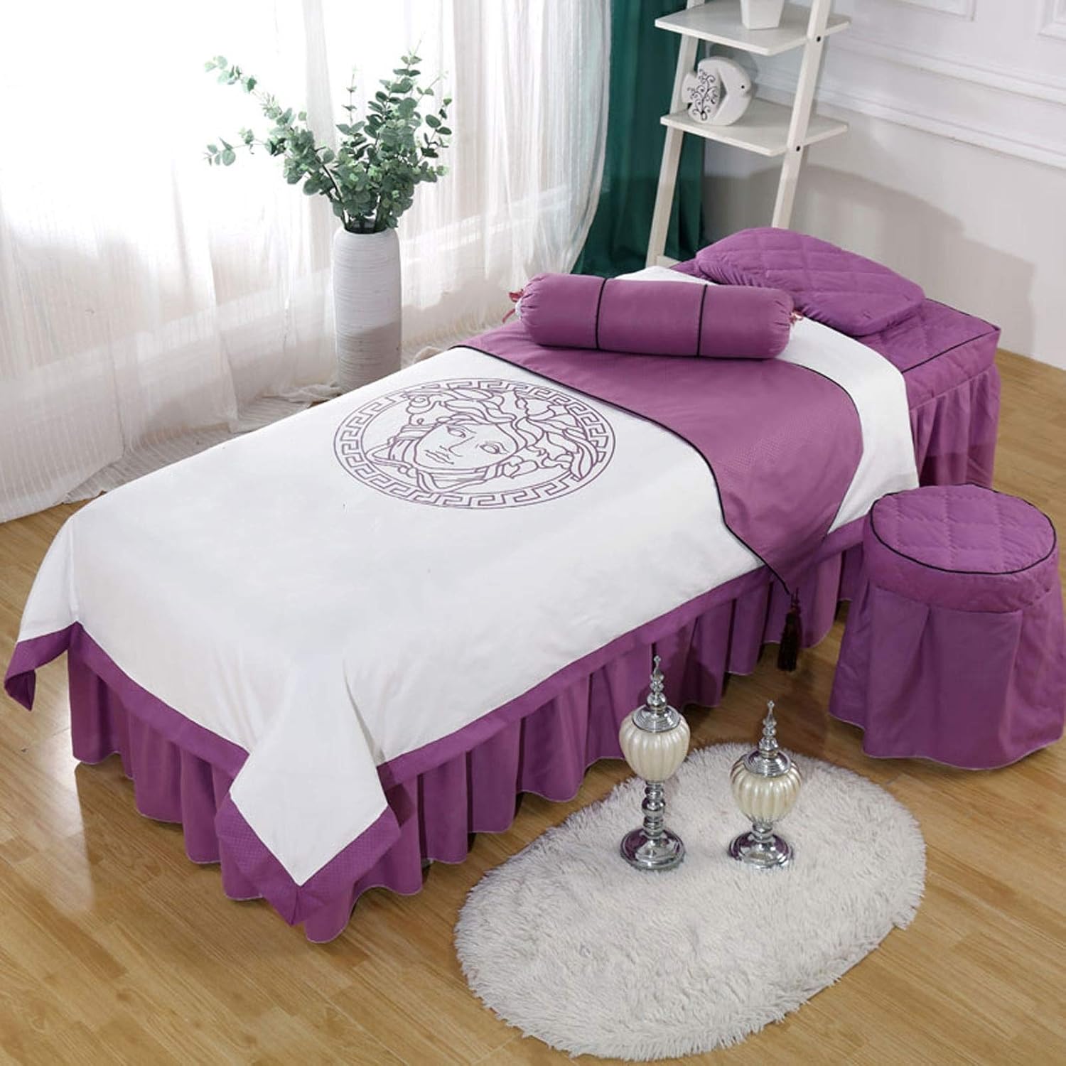4-Piece Nordic Style Beauty Salon Bed Cover Simple Massage Bed Cover Thick Solid Colour Massage Bed Cover (Purple 60 x 180 cm)