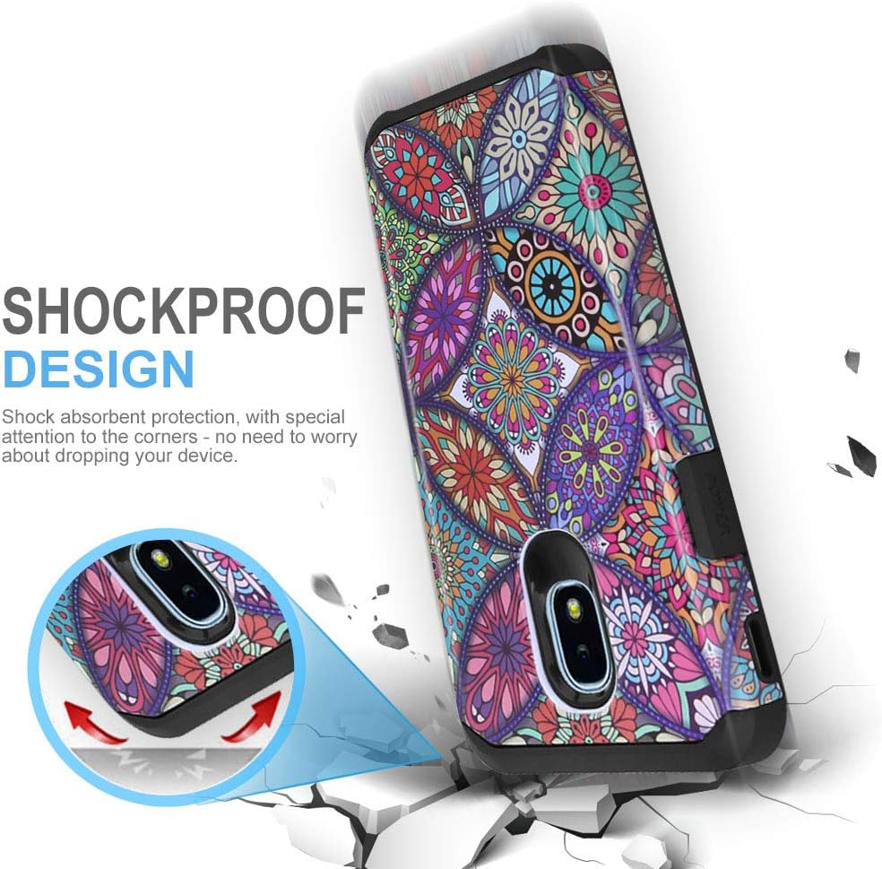 TJS Galaxy J7 2018/J7 Refine/J7 Star/J7 Eon/J7 TOP/J7 Aero/J7 Crown/J7 Aura/J7 V 2nd Gen Case [Full Coverage Tempered Glass Screen Protector] Dual Layer Hybrid Shockproof Case (Colorful Mandala)