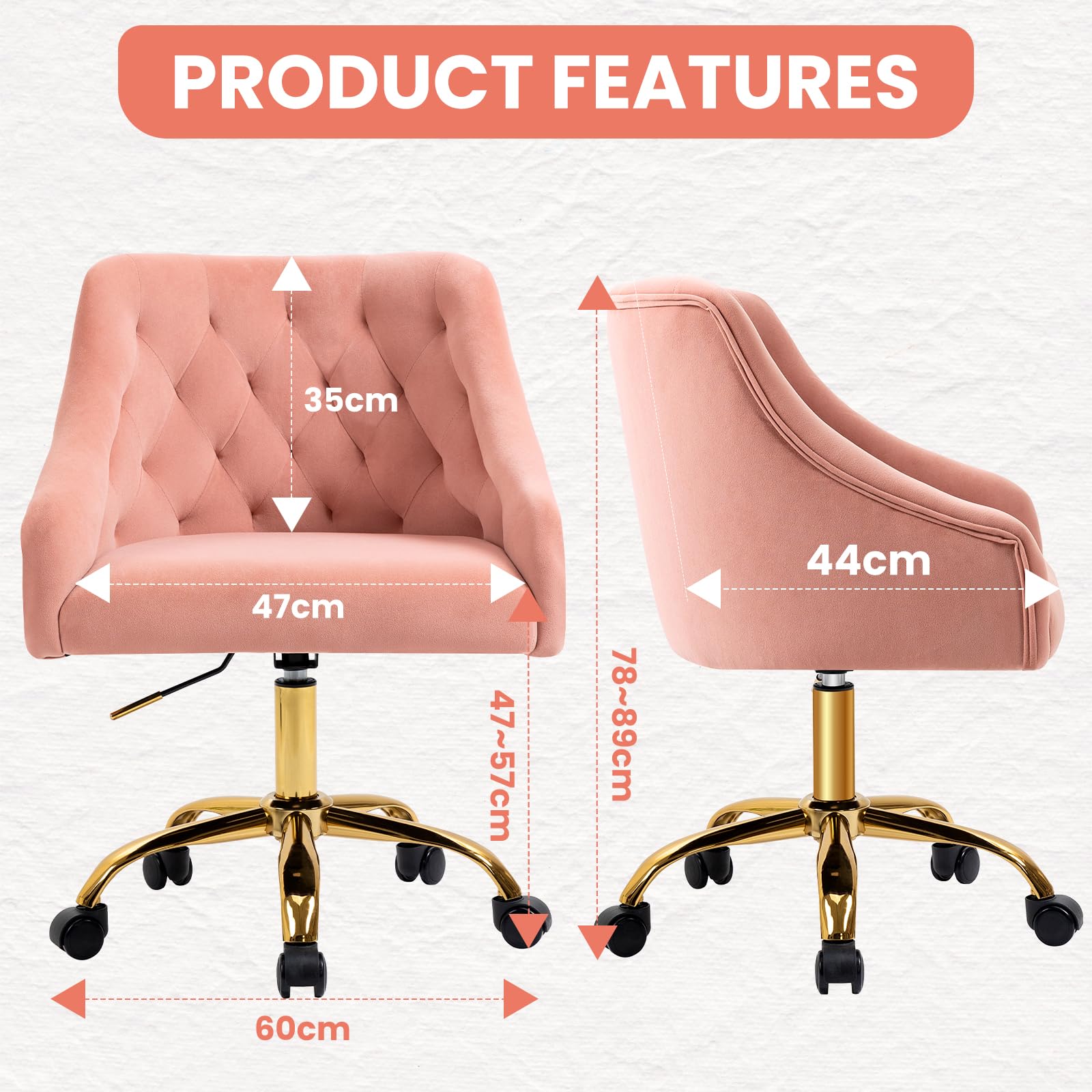 Homeoffice Bürostuhl aus Samt, ergonomischer Schreibtischstuhl höhenverstellbar, Drehstuhl mit Rollen & goldenen Beinen, moderner Schminktischstuhl für Arbeitszimmer (Rosa)