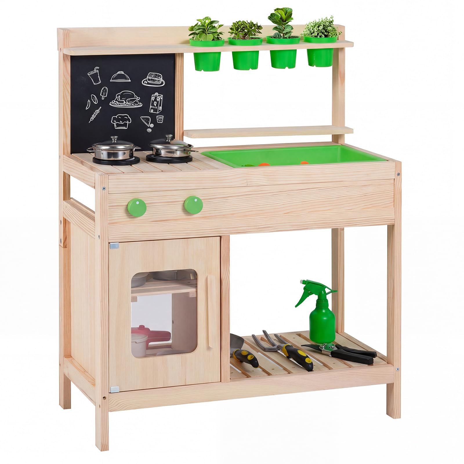COSTWAY Mud Kitchen, Outdoor Kids Play Kitchen with Chalkboard, Stoves, Sink, Cooking Utensils, Flowerpots, Rotation Knobs & Cabinet, Wooden Chef Pretend Kitchen Playset for Boys Girls Ages 3+