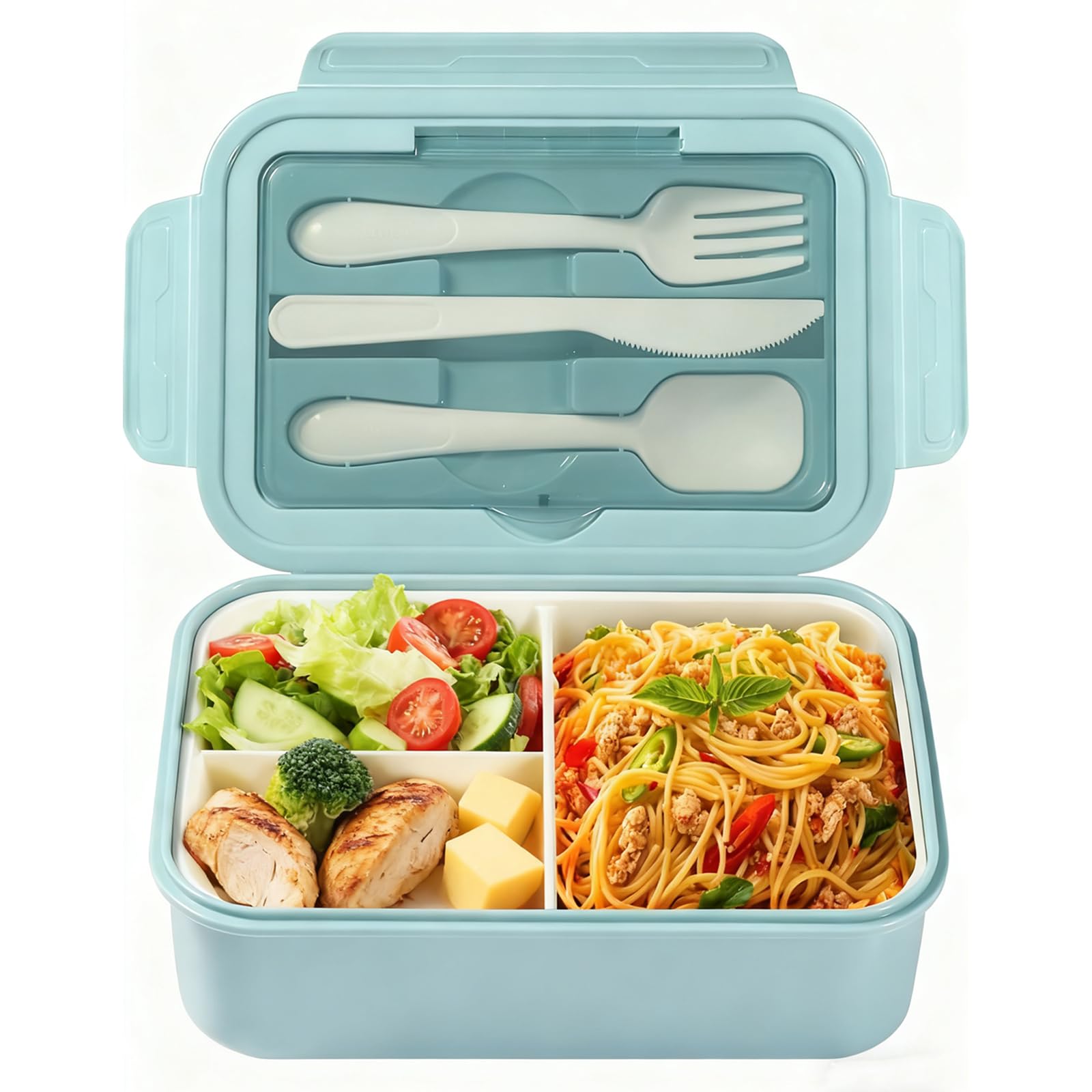 Diboniur Porta Pranzo 1400ml Lunch Box con Posate Schiscetta Pranzo Bambino Adulto Bento Box con 3 Scomparti Schiscetta Contenitore Ermetico per Microonde Ufficio Lavoro Picnic (Azzurro)