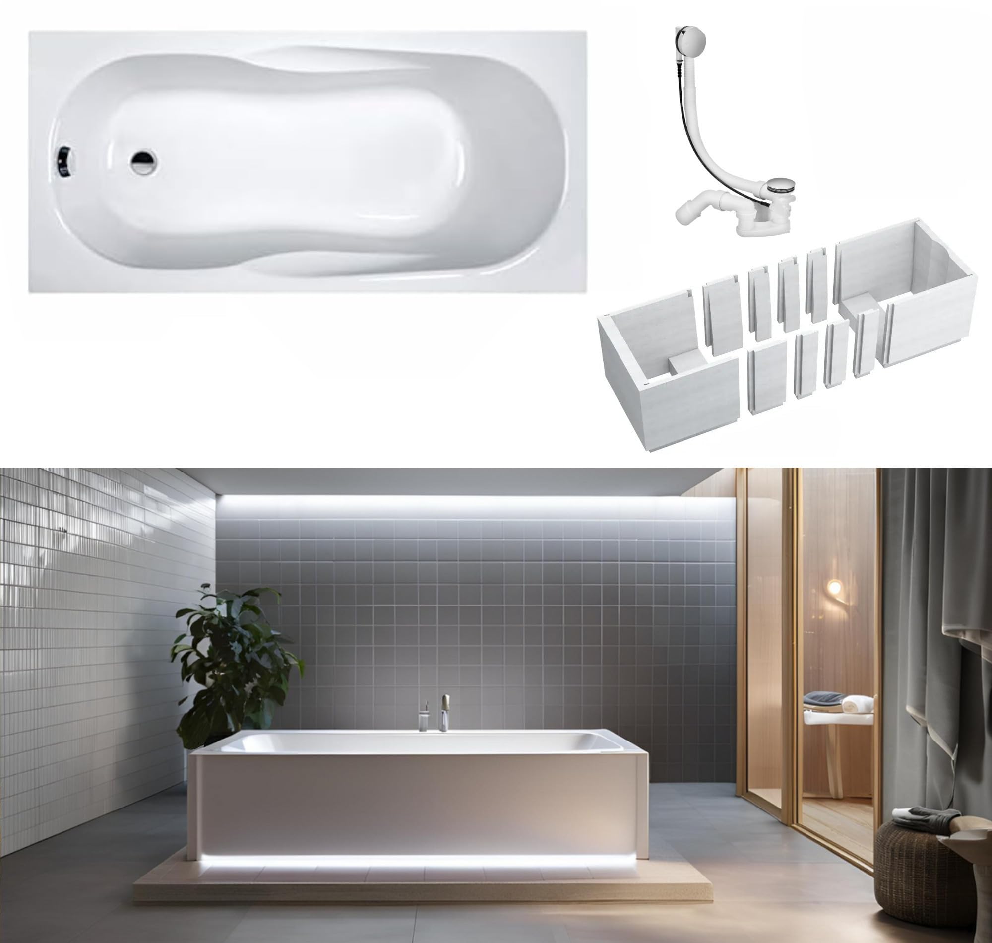 VBChome Bañera de 140 x 70 cm, color blanco, acrílico, espacio para iluminación LED, soporte de poliestireno, soporte para bañera, sifón, bañera, rectangular, blanco, diseño moderno, desagüe en cromo