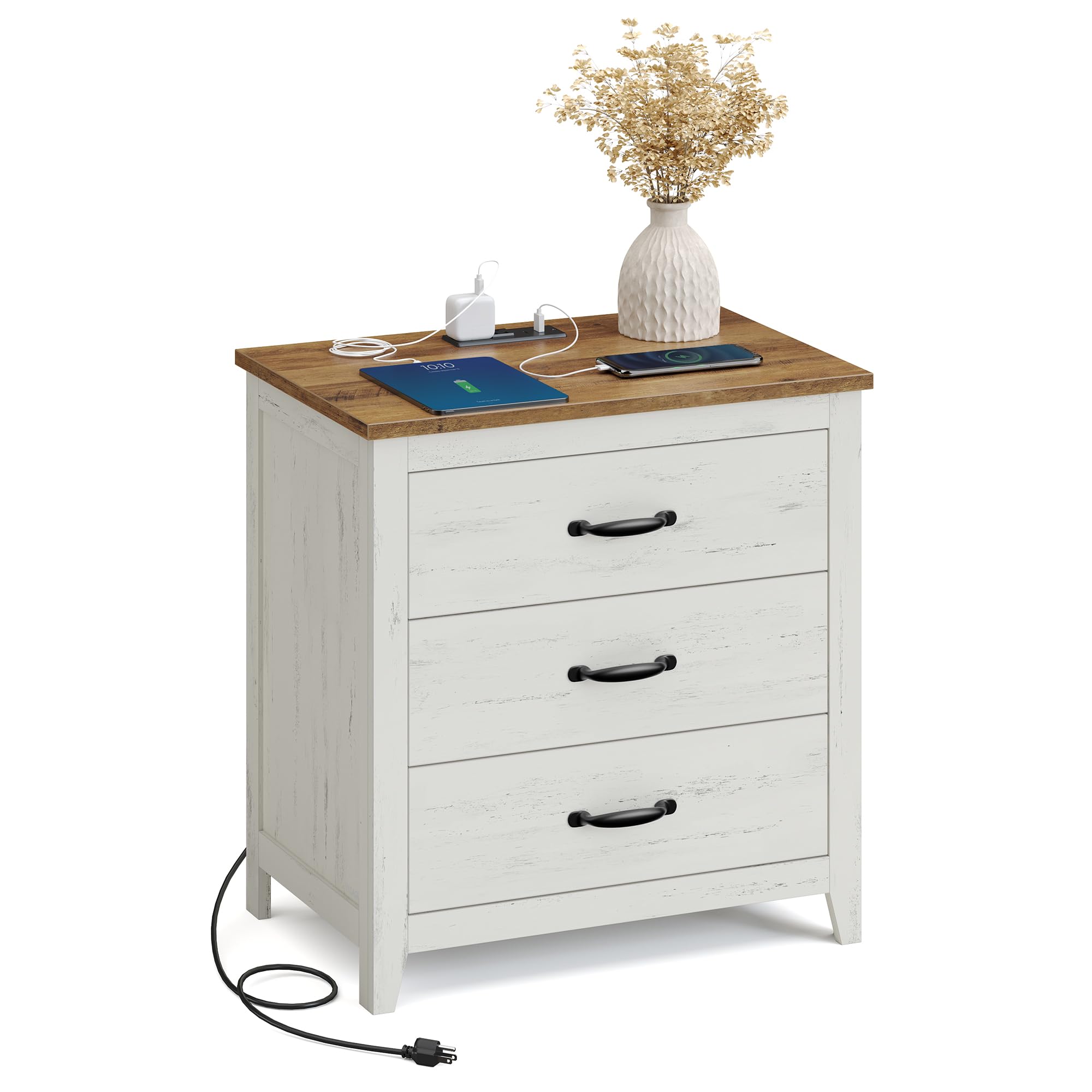VASAGLE Farmhouse Nightstand with Charging Station, Rustic White + Honey Brown