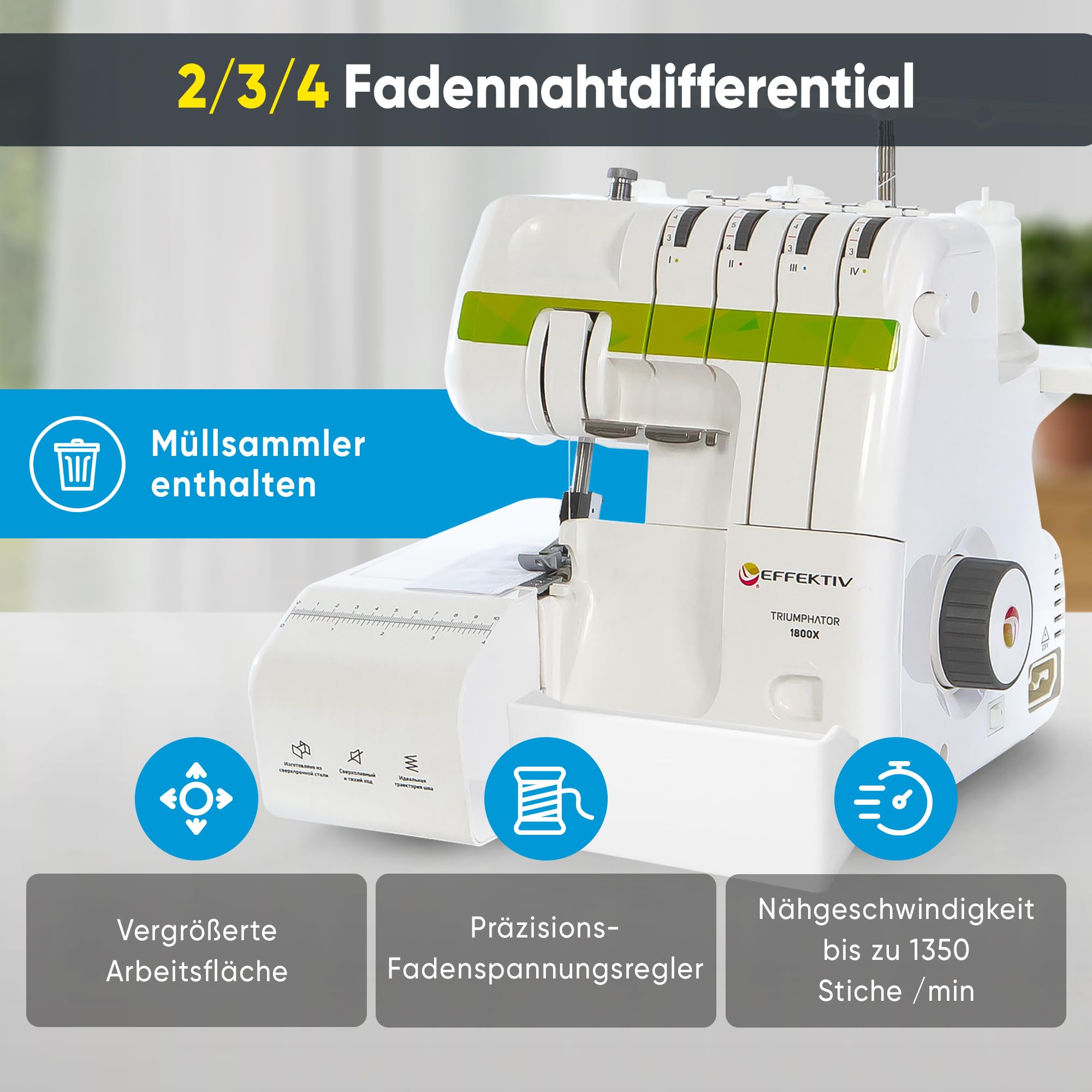 Triumphator 1800X Overlocker, Overlock-Nähmaschine, 2/3/4 Faden mit Differential, Vollmetallgestell, 20 Stiche, automatisches Einfädeln, 120W Leistung-1350 Stiche/min, Fußpedal (Grün)