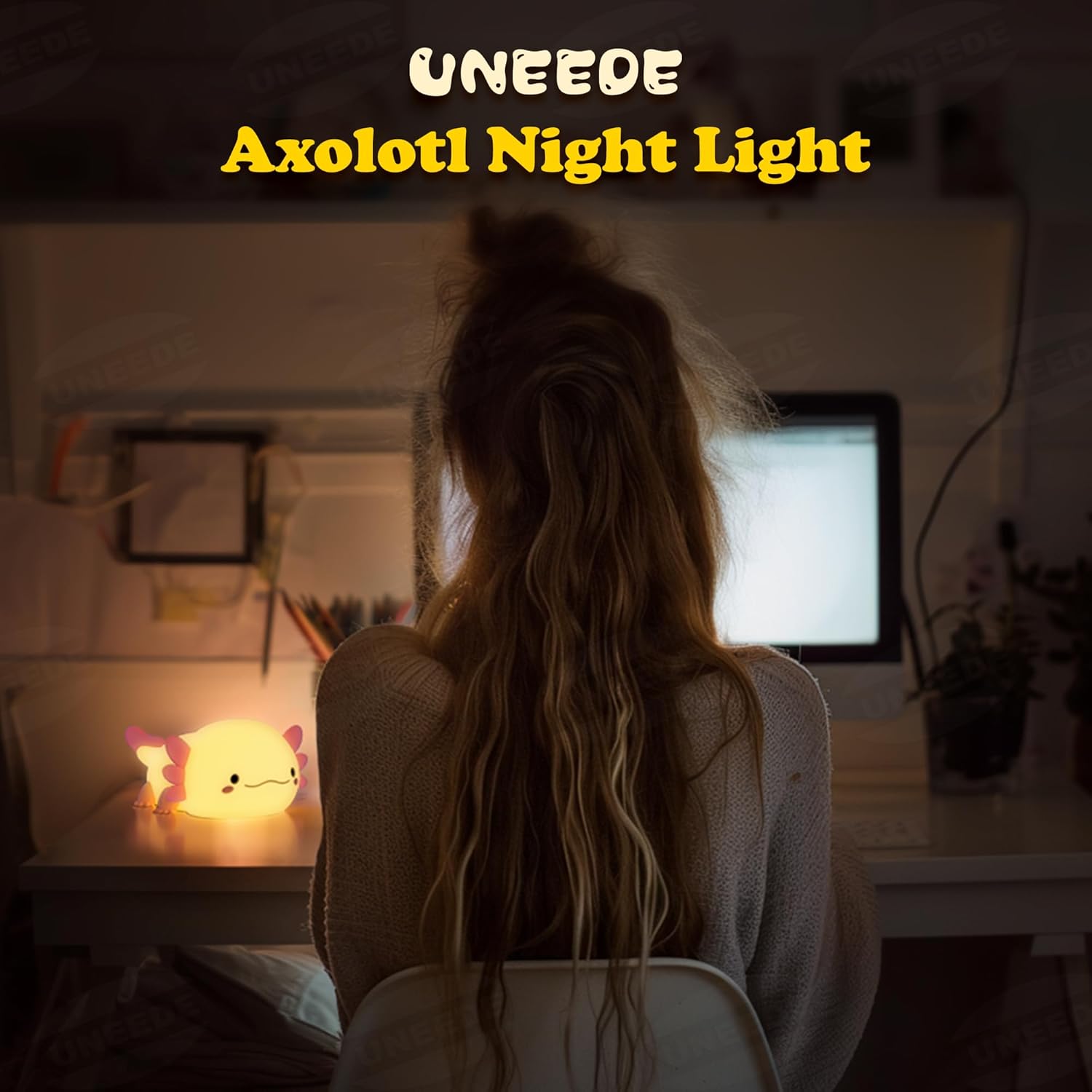 UNEEDE Axolotl Night Light for Kids, Animal Silicone Nursery Night Lamp, Rechargeable Table Lamp Bedside Lamp, Cute Room Decor Night Light for Bedroom Living Room Dining Desk Decor Gift Kawaii Toys