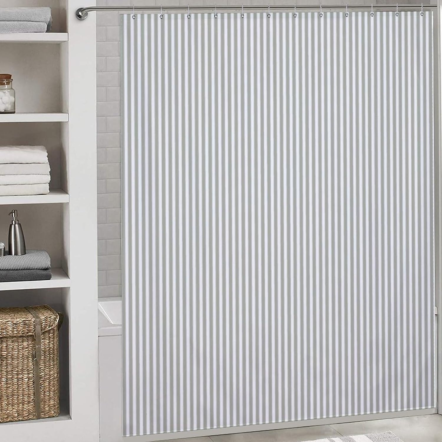 Shower Curtain Set, Grey and White Stripes Shower Curtain for Bathroom Decor, Luxury Standard Shower Curtain for Bathtub, Waterproof Washable Fabric Shower Curtain, 72 X 72