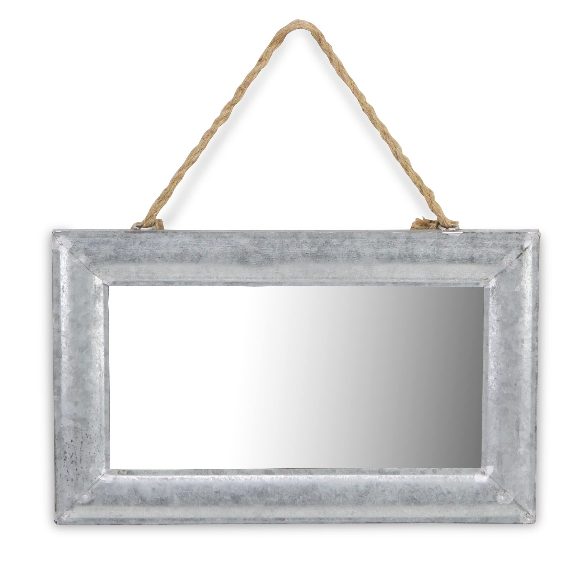 FP-3598 Rectangular Mirror with Galvanized Metal Frame and Hanging Rope, Silver