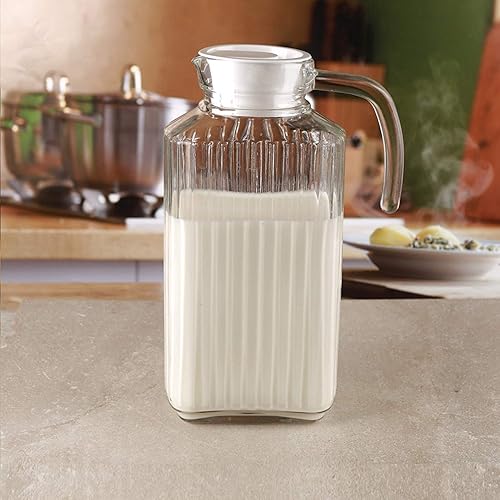 Glass Ware - Jarra acanalada con tapa y asa, hasta 60 oz.Cada uno elegante y elegante, para leche, té helado, jugos, agua, etc. 1.8 L. (tapa es