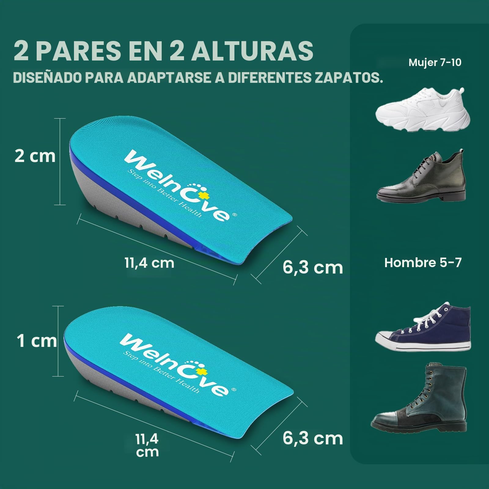 Almohadilla de talón para aliviar el dolor, Welnove Plantilla para Tendinitis de talón, Fascitis plantar, Mujeres 37,5-41, Hombres 37-39, 0,6 y 1 pulgadas de altura, 2 pares