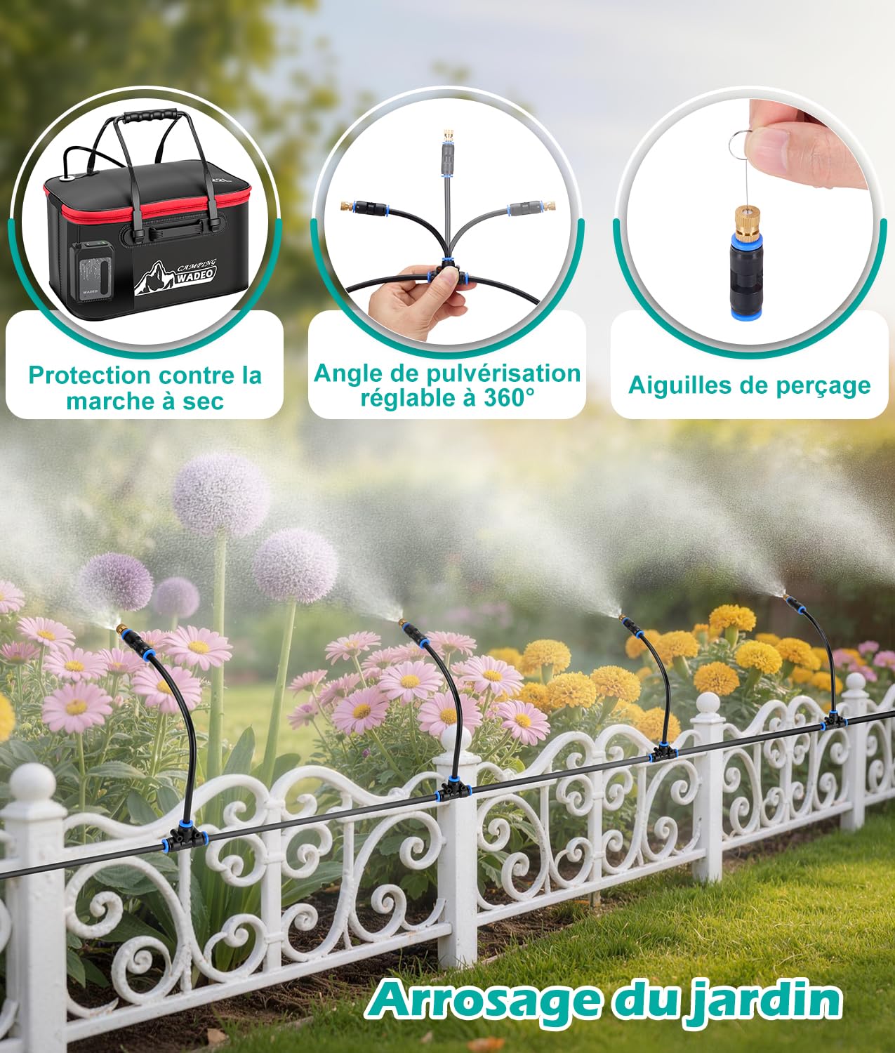 WADEO Système de Brumisation Portable, Système de Refroidissement Extérieur avec Pompe Rechargeable 6000mAh, Tuyau 8M et 8 Buses en Laiton, Brumisateur pour Camping, Terrasse, Jardin et Sport