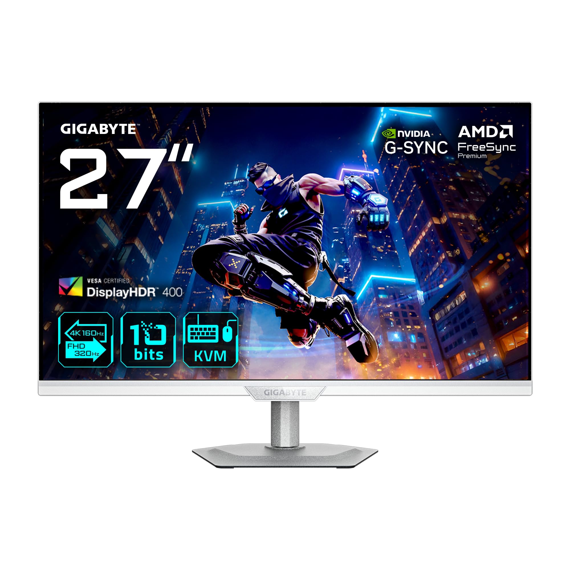 Gigabyte M27UP ICE 27” 4K UHD Gaming Monitor - Dual Mode (4K 160Hz or FHD 320Hz), 3840 x 2160, 1ms, 350 cd/m², FreeSync Premium, DisplayHDR400, HDMI 2.1, Displayport 1.4