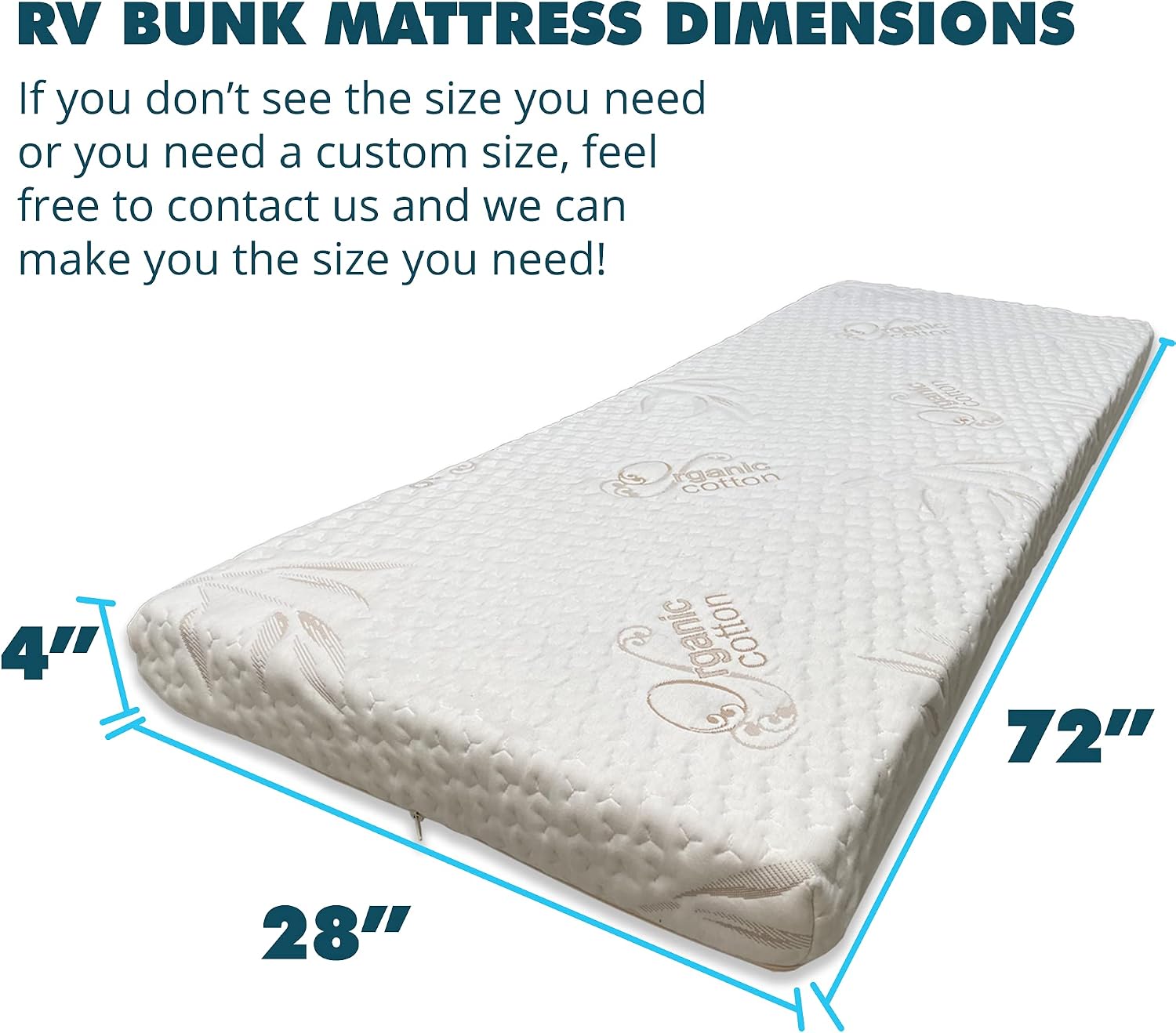 Foamma 4" x 28" x 72" Memory Foam Mattress for RV with Water Resistant Organic Cotton Cover, Firm High Density Foam Base, USA Made, CertiPUR-US Certified