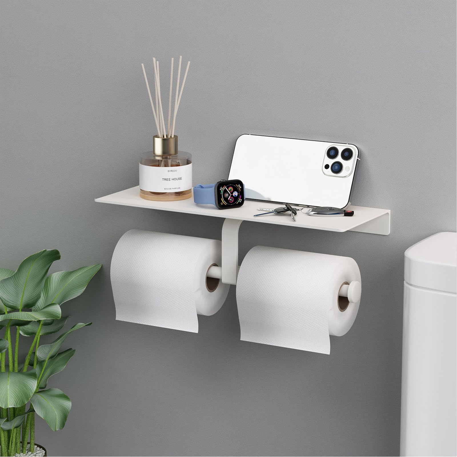 Porte-papier toilette double avec étagère, support mural pour papier toilette, distributeur de papier toilette commercial, blanc