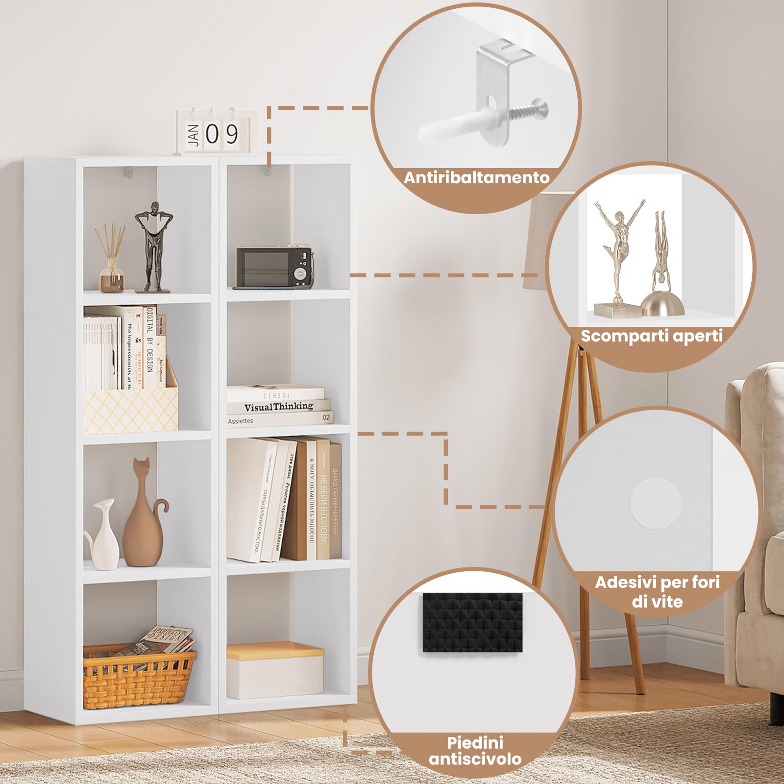 WOLTU Libreria con 4 Livelli, Scaffale a Cubo in Piedi, Scaffale Aperto, per Soggiorno, Studio, Camera da Letto, Ufficio, 30x106,5x23,5 cm, Bianco, SK051ws